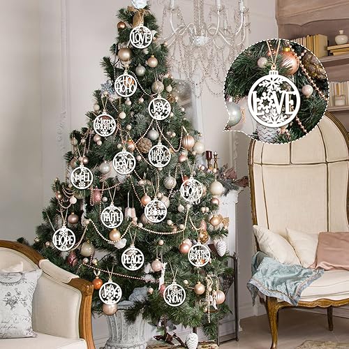 Miniatura 4 de Juego de 48 adornos colgantes huecos de Navidad con copos de nieve, adornos rústicos de casa de campo, decoración de Navidad para árbol, fe,