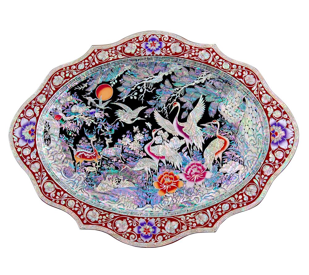 お盆 盛器 黒輪島塗り丸皿 直径33cm螺鈿細工 茶道具 工芸品