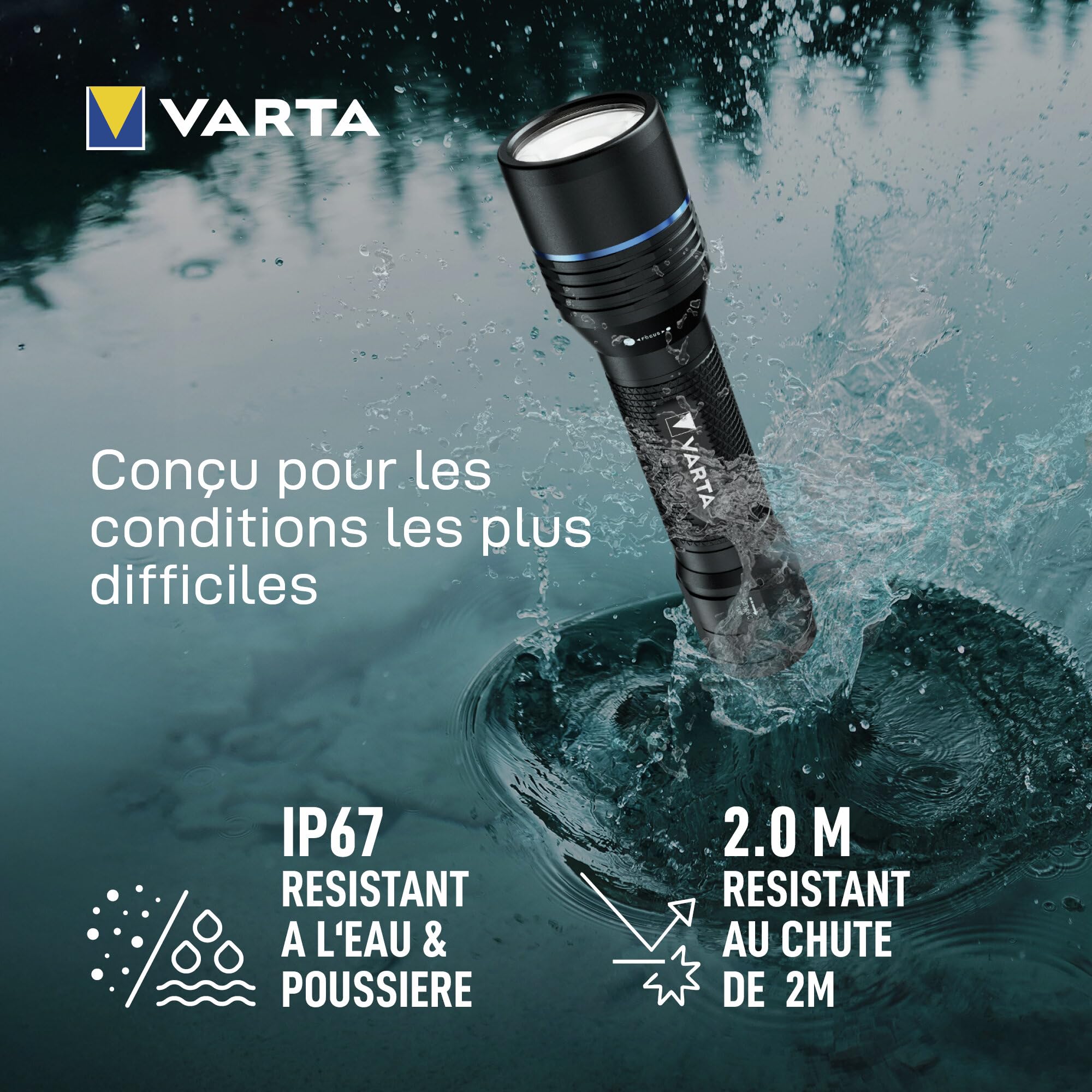 VARTA Lampe Torche LED rechargeable, Night Cutter Pro F30R, Lampe torche pour l'extérieur et la maison, 1500 lm, étanchéité IP67, aluminium aéronautique, mise au point précise, dragonne incluse