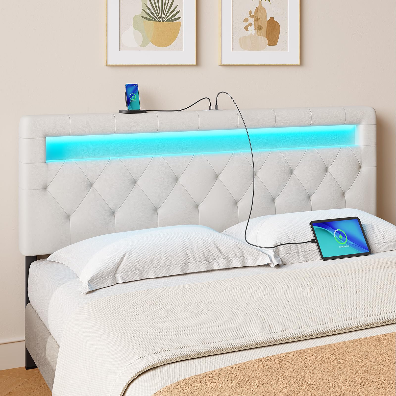 GREENSTELL Headboard for Full Size Bed with 60,000 DIY Color of LED Light, USB & Type C Post, Upholstered, Height Adjustable, Sturdy, Easy Assembly,