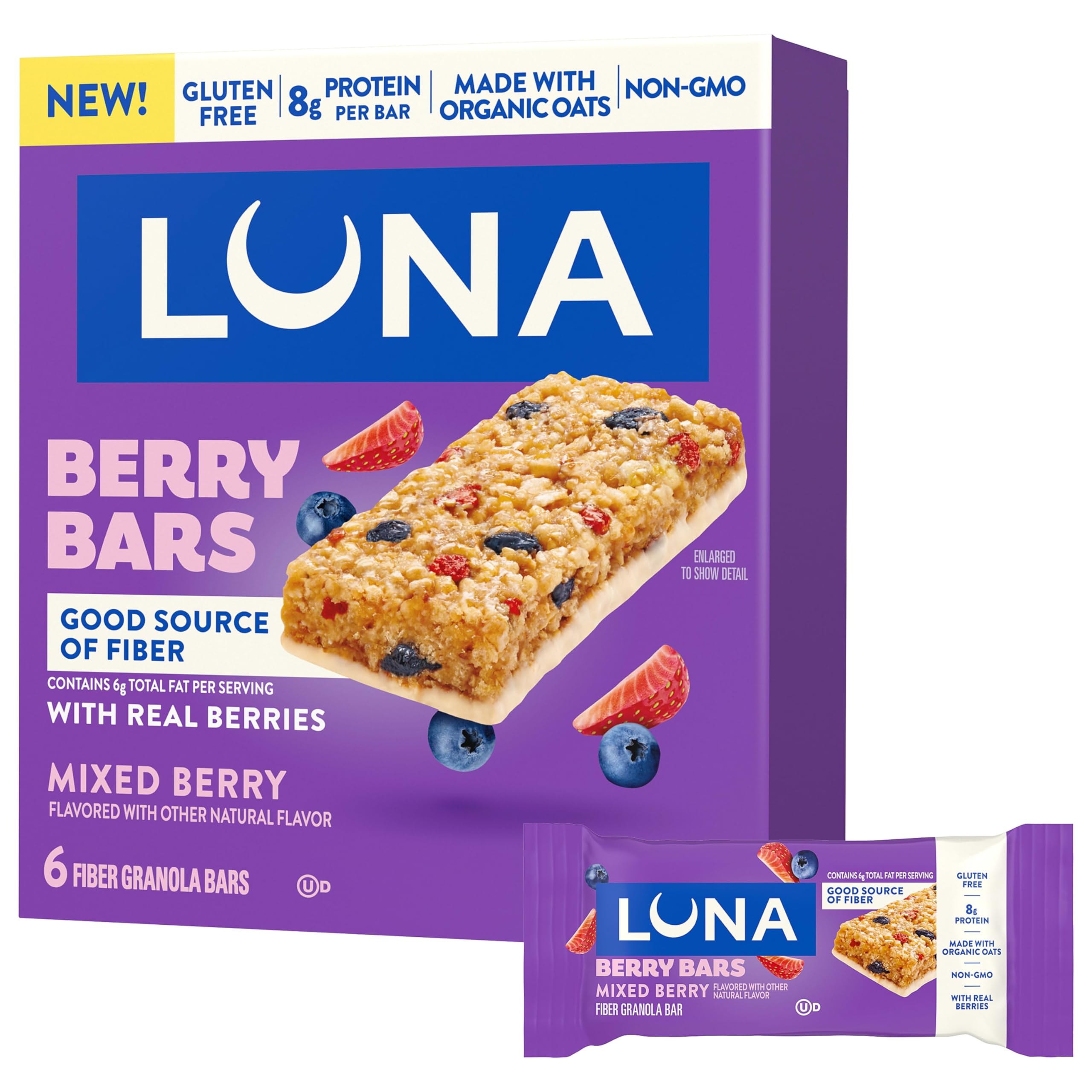 LUNA Berry Bars - Mixed Berry Flavor - Fiber Granola Bars - Non-GMO - Gluten Free Protein Bars - Made with Organic Oats (6 Pack) - 1