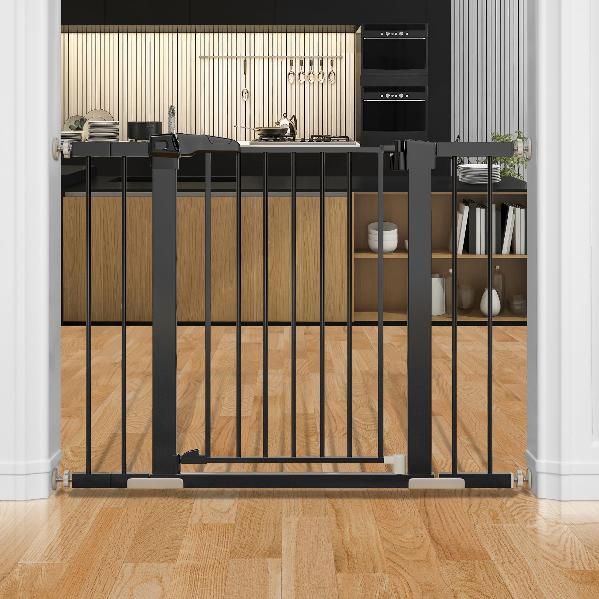 OTTOLIVES Metal Baby Gate for Stairs & Doorways, Auto Close 27-40 Inch Extra Wide Dog Gate, Pressure Mount Kit Walk Thru Safety Gates for Kids or Pets, NO Drilling Easy Step with Wall Cups (Black)