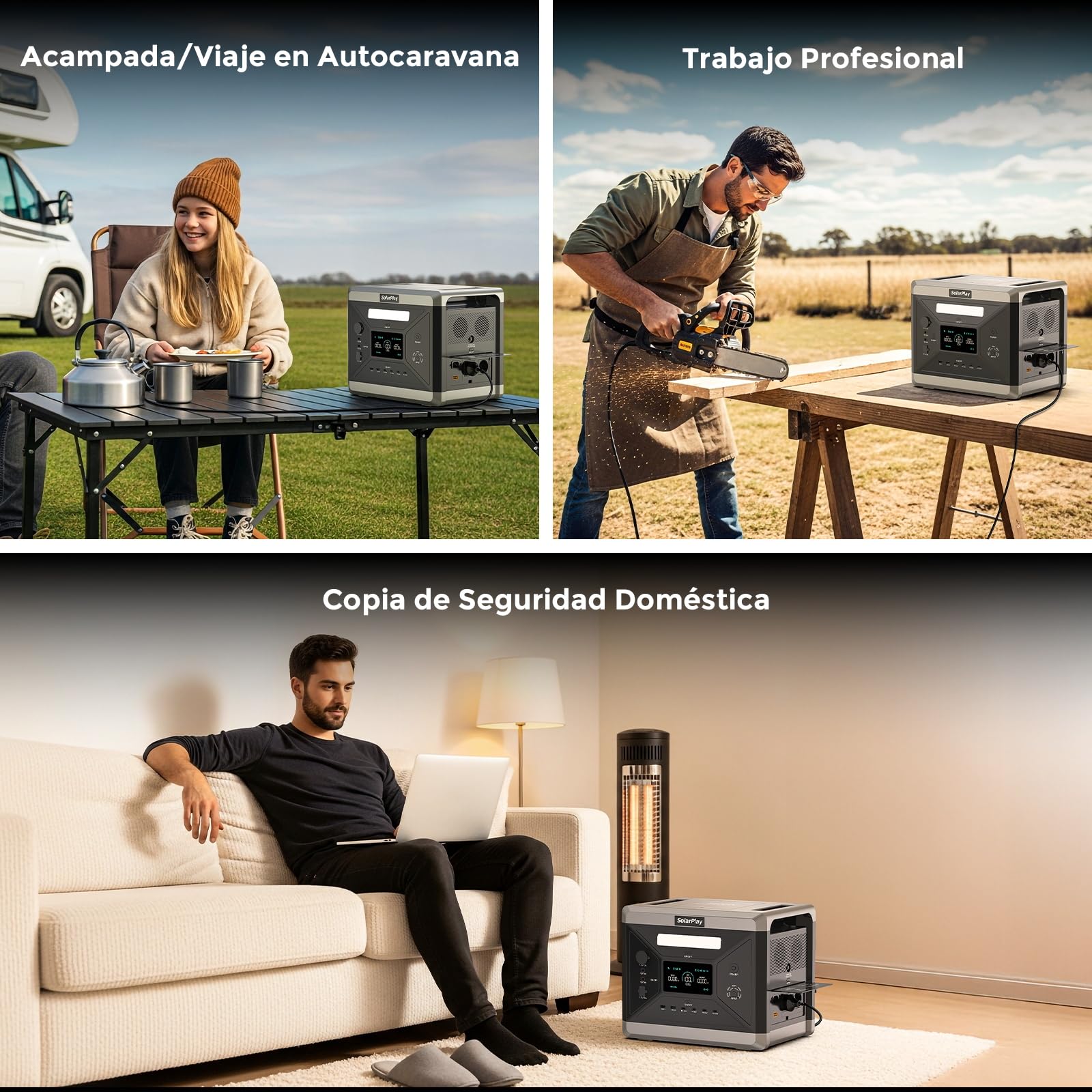 Estación de Energía Portátil SolarPlay Q2501, 2160Wh Batería LiFeP04, 100W USB-CSalida(12 puertos), Carga Completa Rápida 2h vía, Generador Solar para Exteriores, Camping, Emergencia (2400w+400w)