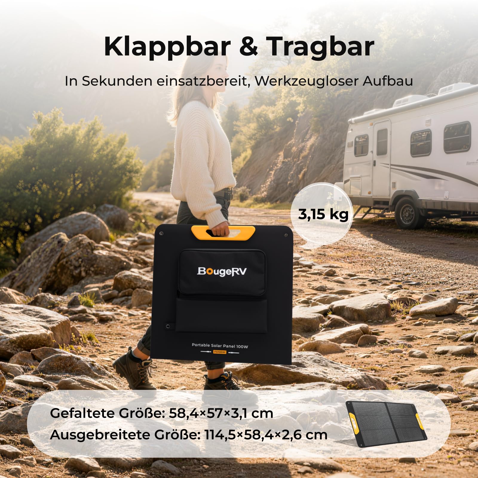 BougeRV 100W Faltbares Solarpanel, 25% Effizienz N-Typ, IP65, Tragbares Solarmodul mit XT60/DC5521/DC7909, für Camping Outdoor