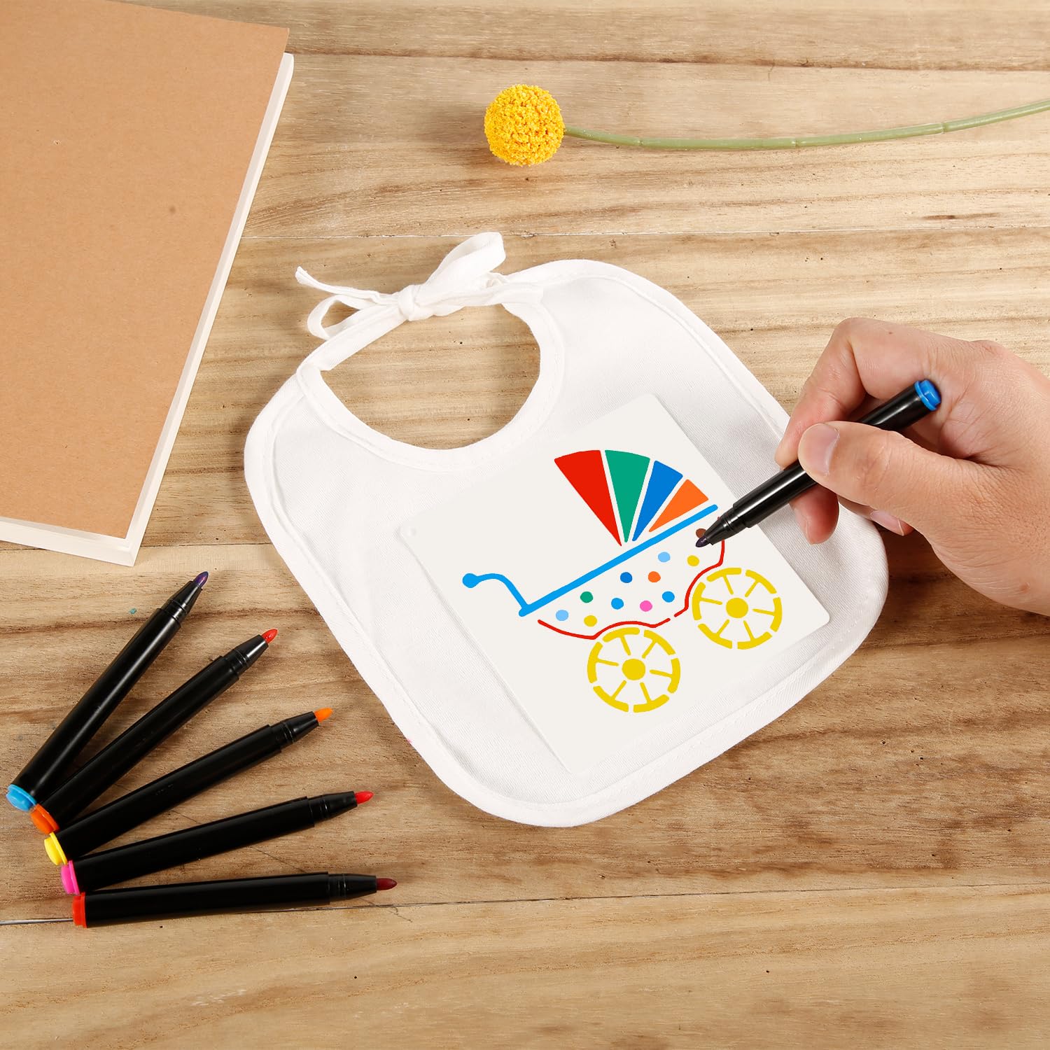 47 Pcs DIY Baby for Bibs Decoration Set Including 15 Pieces White Baby for Bibs to Decorate 22 Pieces 2 Sizes Baby Stencils for Painting 10 Pieces Fabric Markers - Image 3