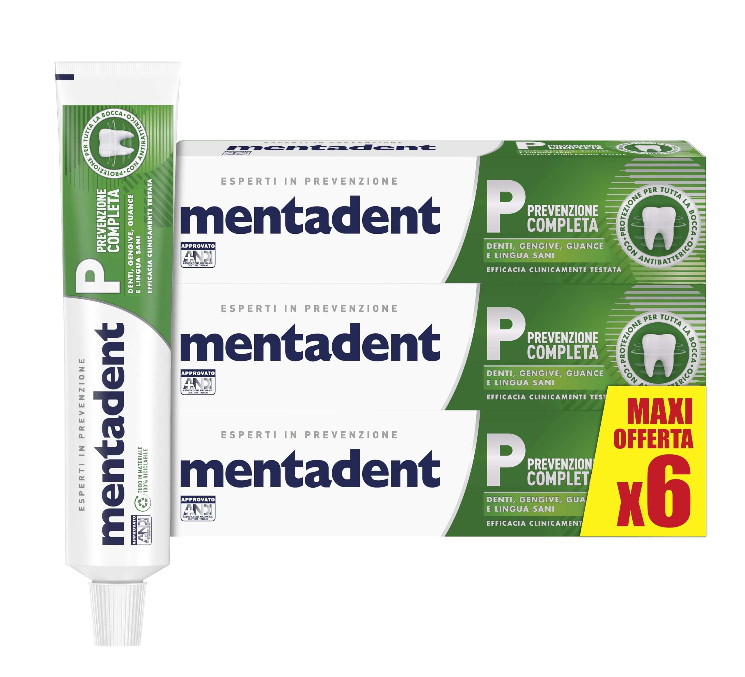 Mentadent Dentifricio P Prevenzione Completa, con Zinco, 8 Azioni Contro i Disturbi Orali, Formato 6x75ml
