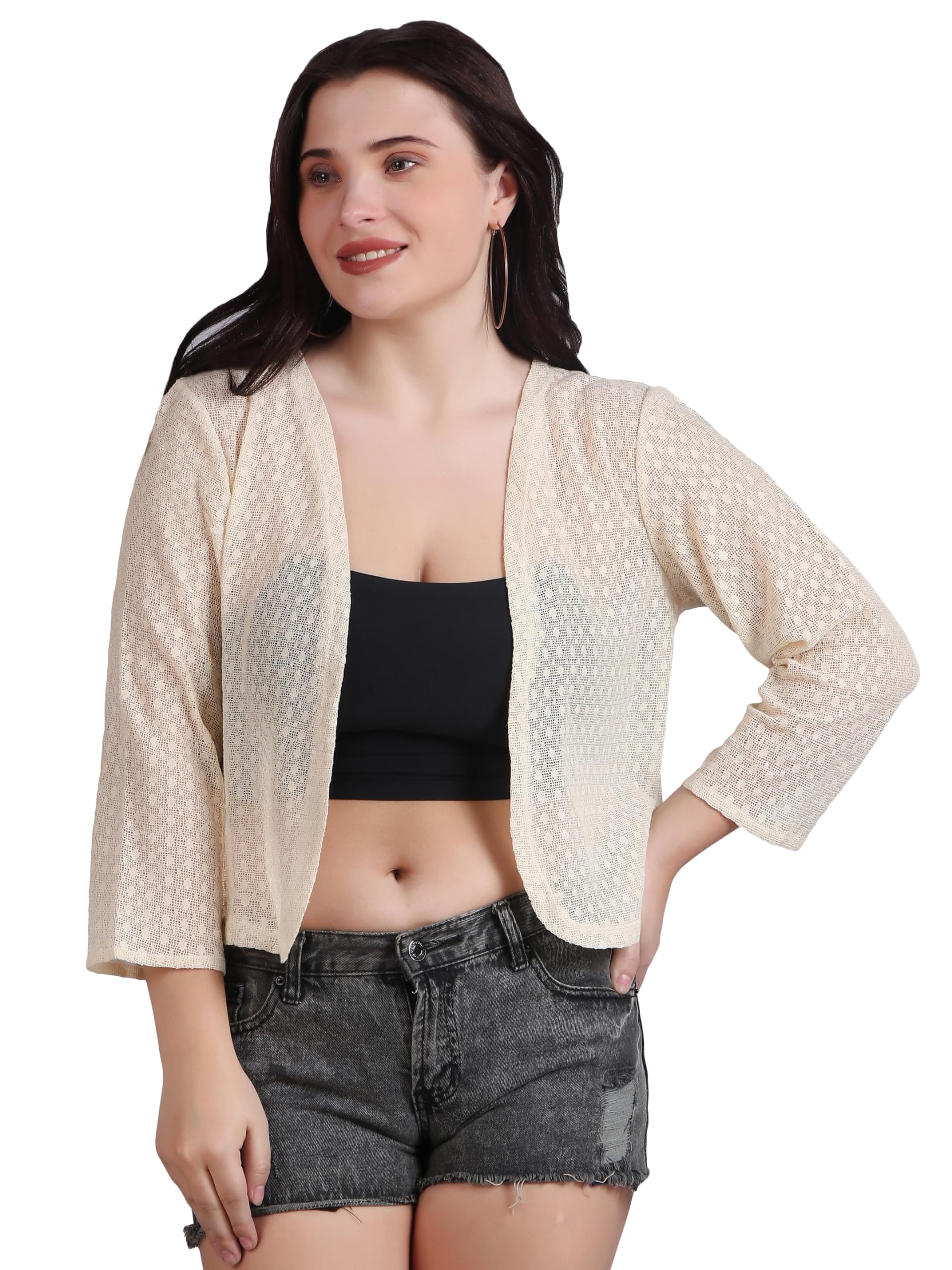 dressitude Women Self Design Cotton Lace 3/4th Sleeves Elastic Shrug | Front Open, No Closure | Beige Colour-picture-35