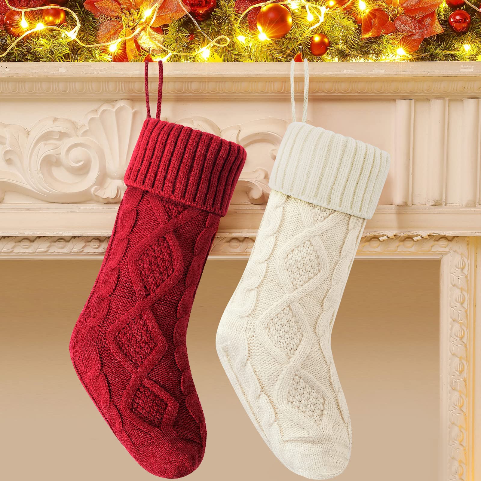 VIBILIA Christmas Stockings, 4 Pack Large Size Christmas Stocking 18 Inches Cable Knitted Stocking Gifts & Decorations for Family Holiday Xmas Party Decor, Ivory White and Burgundy
