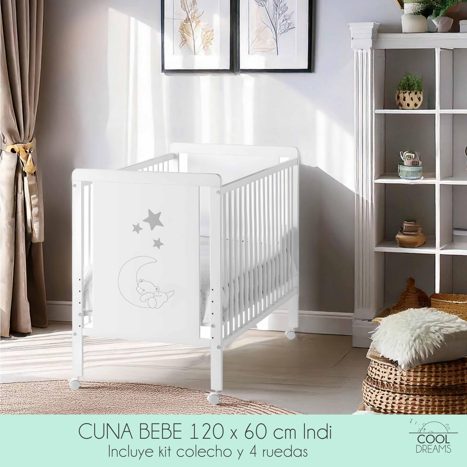 Cuna Colecho de Bebé Indi Estilo Nórdico Infantil 120x60 cm, con Kit Colecho, Colchón Morfeo, 4 Ruedas y Sábanas de Algodón CoolDreams
