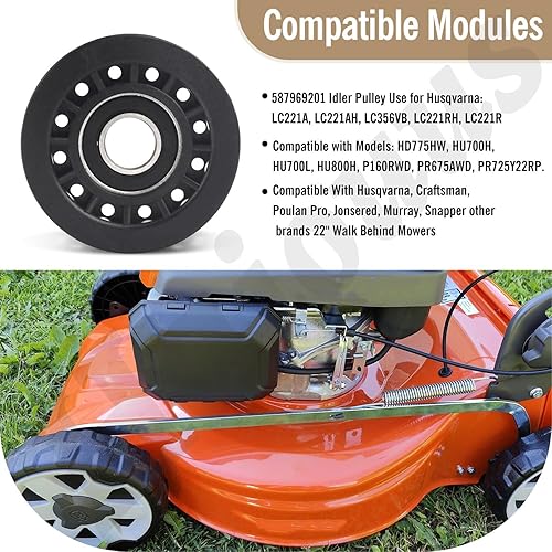 Vista 8 de 587973001 587969201 Conjunto de polea tensora compatible con cortacésped Husqvarna Craftsman Walk-Behind, para cortacésped cubiertas polea loca