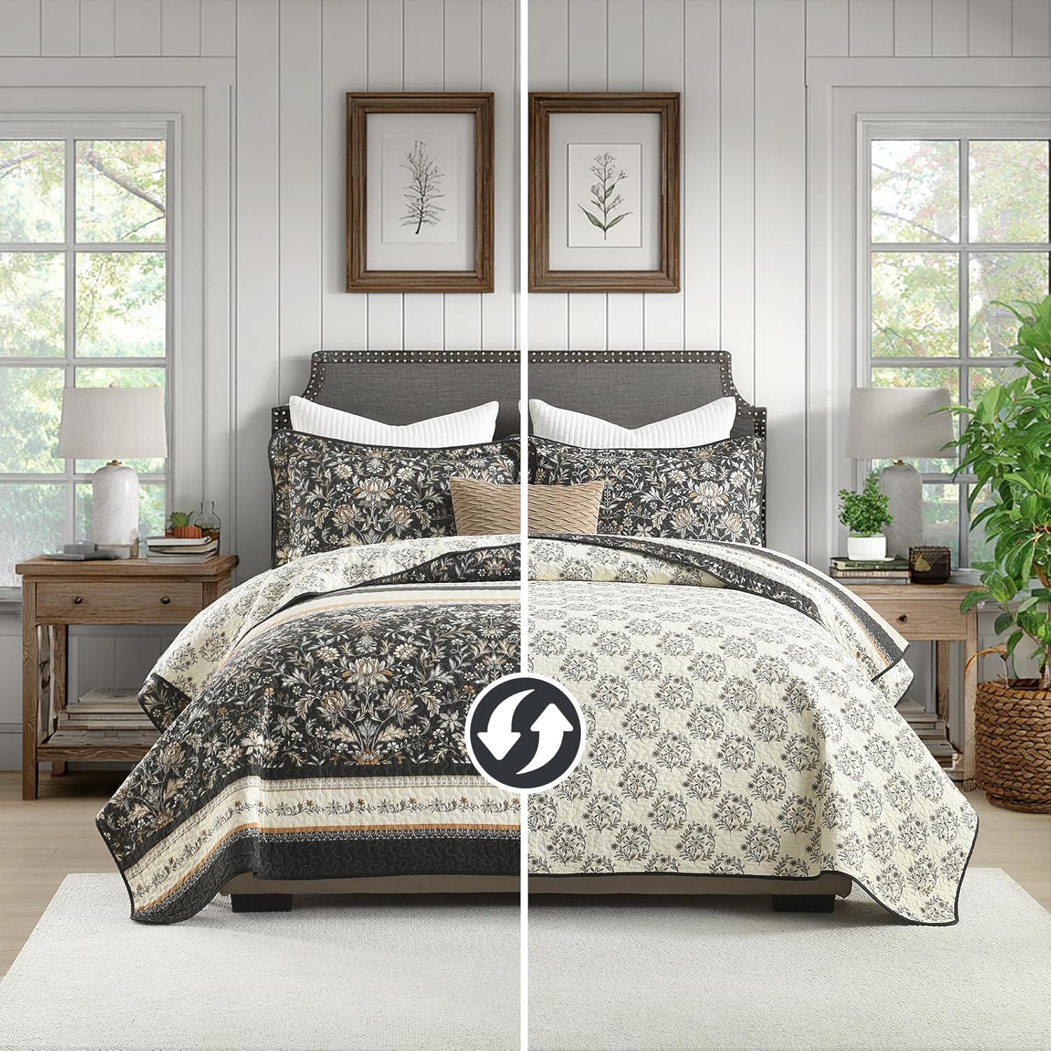 PANGUSHAN Quilt Set Queen Size - 100% Cotton Queen Comforter Set, Botanical Farmhouse Bedspread with 2 Pillow Shams, Floral Reversible Lightweight Bedding, Queen Bed Spread for All Season, Charcoal