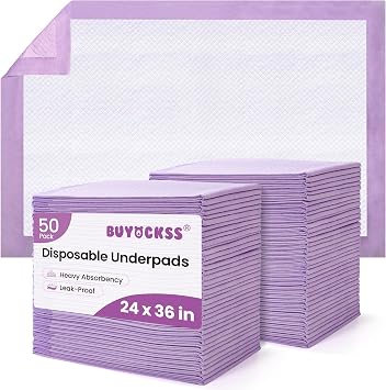 Buyockss Incontinence Bed Pads 50 Count Pee Pads 24" x 36" Underpads Waterproof Purple
