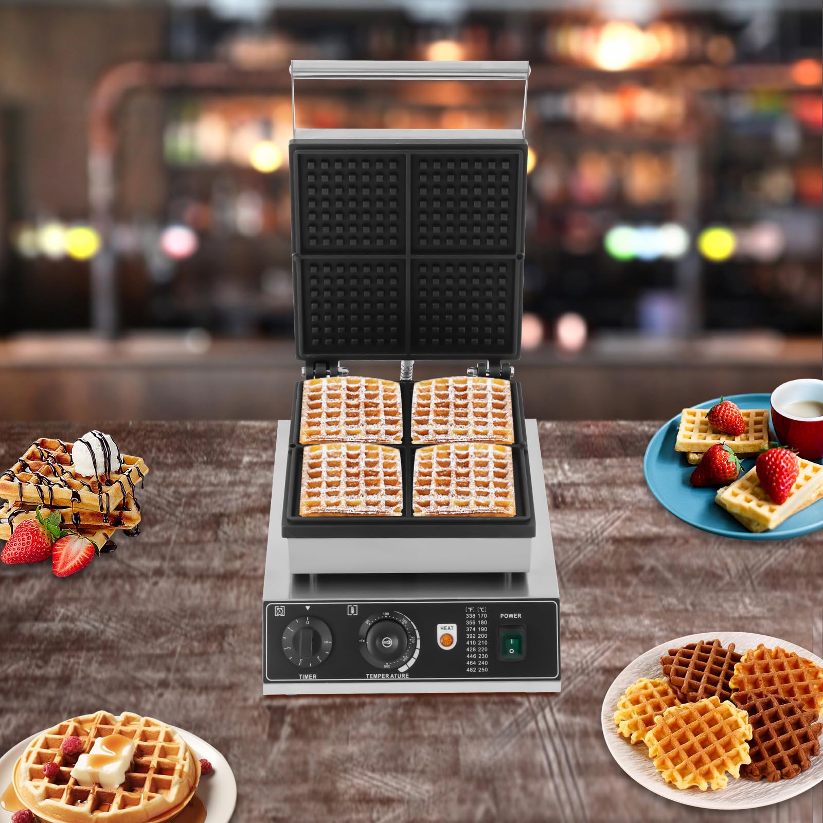 4pcs Commercial Waffle Maker, 1750W Electric Waffle Making Machine Adjustable Temp (122-572°F) & Timer Non-Stick Round Muffin Make Baker Machine for Restaurants, Bakeries, Cafes