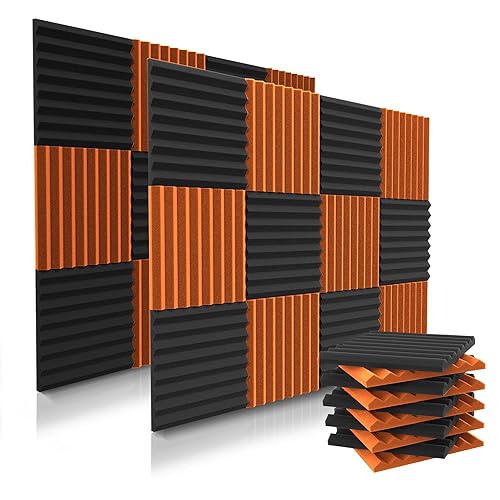 52 Pack Acoustic Panels 1 X 12 X 12 Inches - Acoustic Foam - Studio Foam Wedges - High Density Panels - Soundproof Wedges - Black/Orange - 52 Black/Orange - Black/Orange