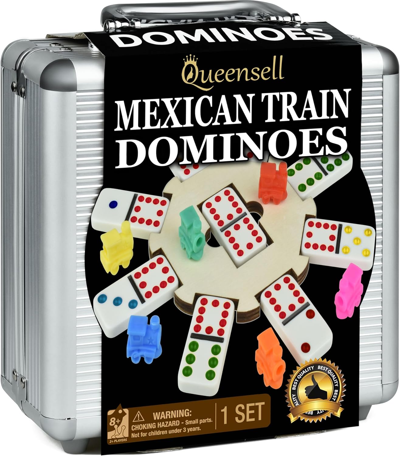 Queensell Mexican Train Dominoes Set with Wooden Hub, Domino Tile Board Games - Double 12 Dominos Set for Family Game Night for Adults and Kids Ages 8 and up (Double 12)