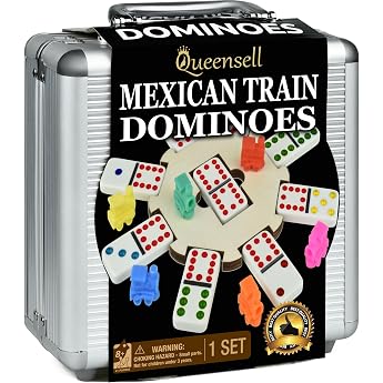 Queensell Mexican Train Domino-Set mit Holzmittelst ck Domino-Brettspiele   Doppel-12 Domino-Set f r Familienspieleabende f r Erwachsene und Kinder ab 8 Jahren