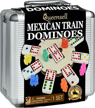Queensell Mexican Train Dominoes Set Adults Tile Board Game - Dominos Set Classic Board Games - Double 12 Dominoes Set Family Games - Domino Set 91 Tiles Aluminum Case