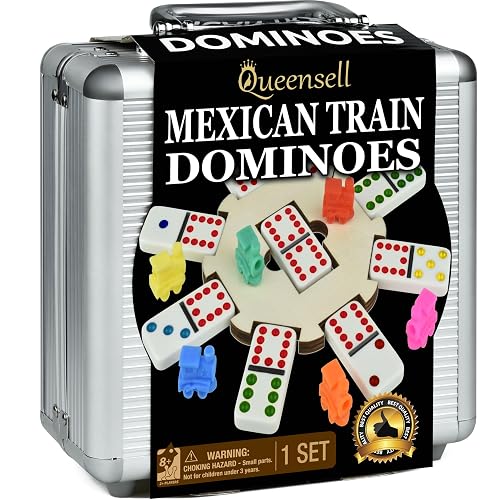 Queensell Mexican Train Dominoes Set with Wooden Hub, Domino Tile Board Games - Double 12 Dominos Set for Family Game Night for Adults and Kids Ages 8 and up (Double 12)
