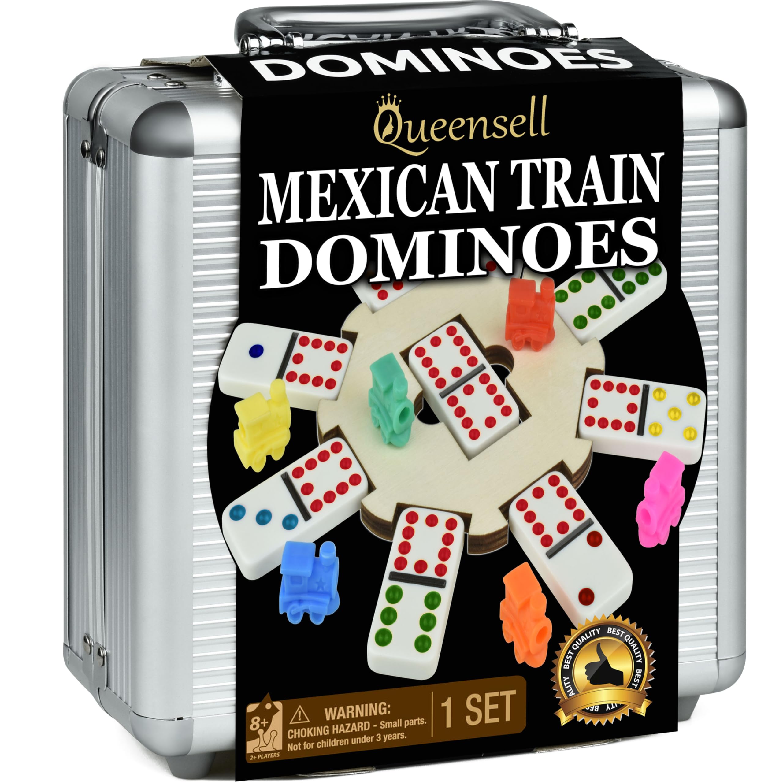 Queensell Mexican Train Dominoes Set with Wooden Hub, Domino Tile Board Games - Double 12 Dominos Set for Family Game Night for Adults and Kids Ages 8 and up (Double 12)