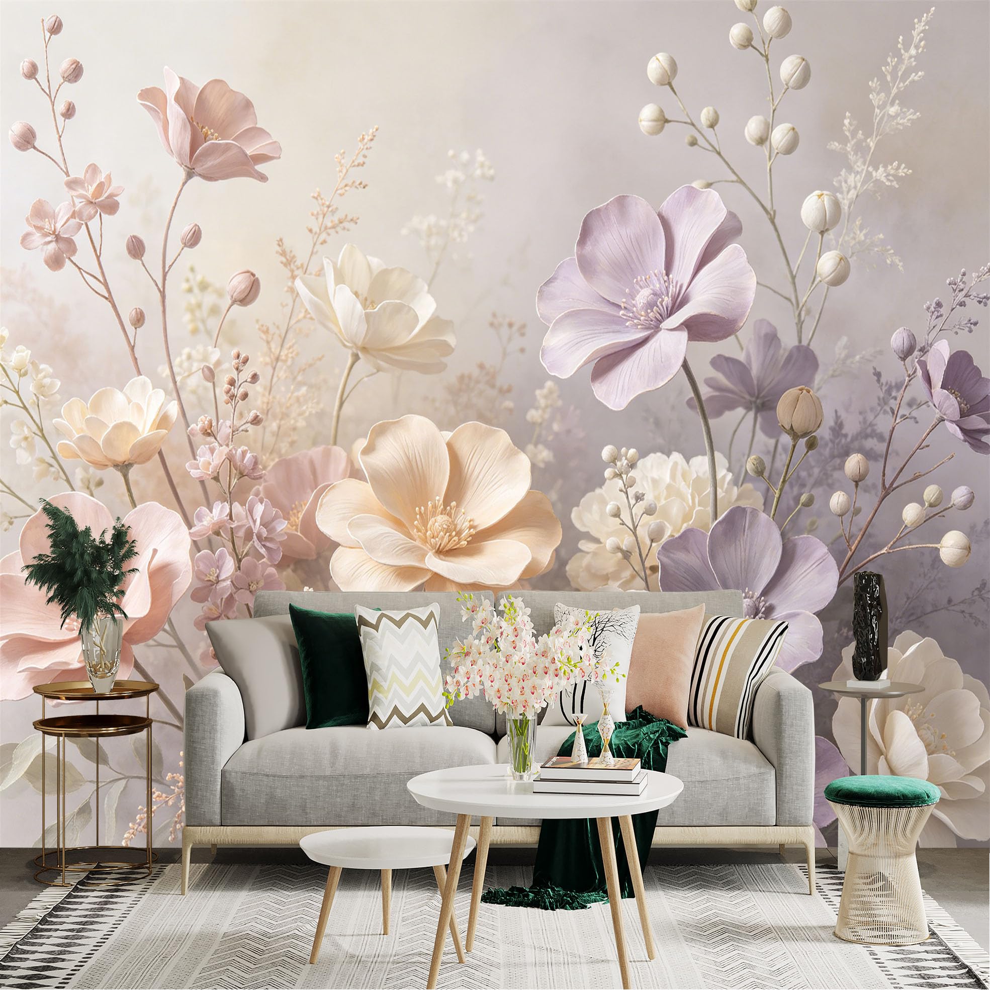Lnzczhyre Dbh260521812 Custom Size Wall Sticker Mural， Soft Pastel Wildflowers， Elegant Botanical Art， Dreamy Floral Arrangement， Blooming Garden， For Wall Decoration， Peelandstick Wall Decals.