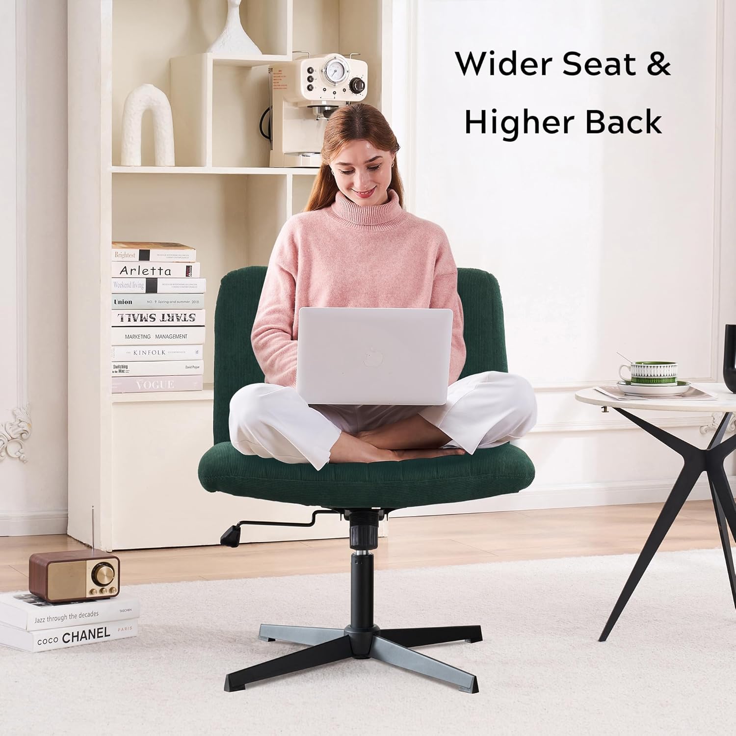 EYYTHUNG Green Criss Cross Chair No Wheels Armless Wide Seat Office Chair Swivel Vanity Velvet Padded Vanity Chair for Girls