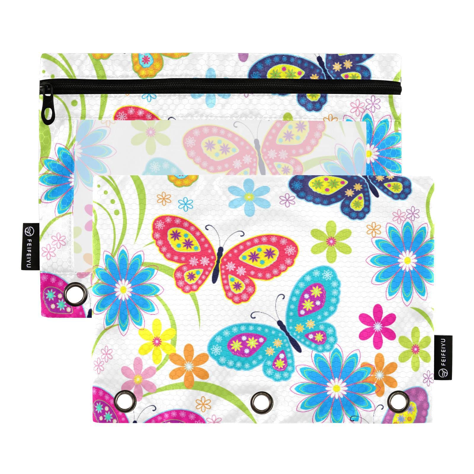 Estuche para lápices con 3 bolsillos para carpetas de anillos, paquete de 2 bolsas con cremallera, mariposas de colores, flores, carpeta transparente de 3 agujeros para carpetas de 3 anillos