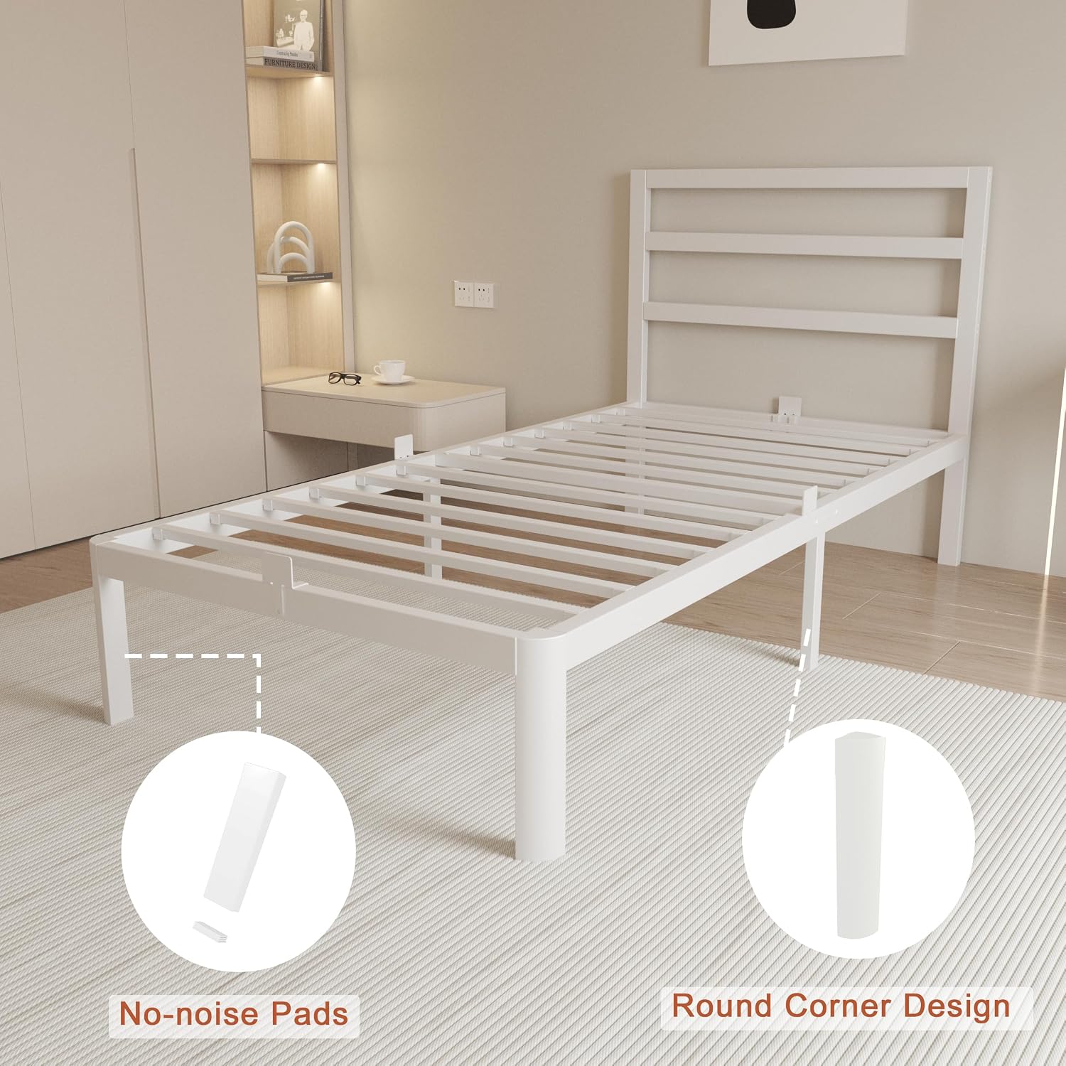 14 Inch Twin Bed Frame with Headboard, White Metal Twin Size Bed Frame, No Box Spring Need, Anti-Slip Gaskets, Noise-Free, Heavy Duty Steel Platform Support, Easy Assembly