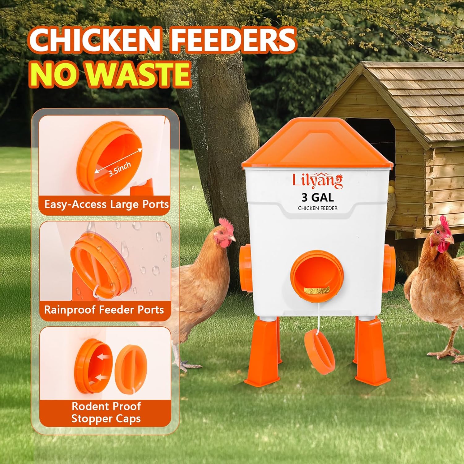 Lilyang XL Chicken Feeder and Waterer Set 3 Gallon, Automatic No-Waste Feeder, Large Poultry Waterer with 2.75'' Cups, Standing or Hanging Use, Feed Chickens & Ducks​