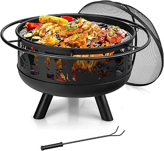 DORTALA Outdoor Wood Burning Fire Pit, 77 cm Round Fire Pit Bowl with Grill, Poker, Spark Screen Cover, Heavy-Duty Metal Firepit for Patio, Backyard, Barbecue, Bonfire, Black