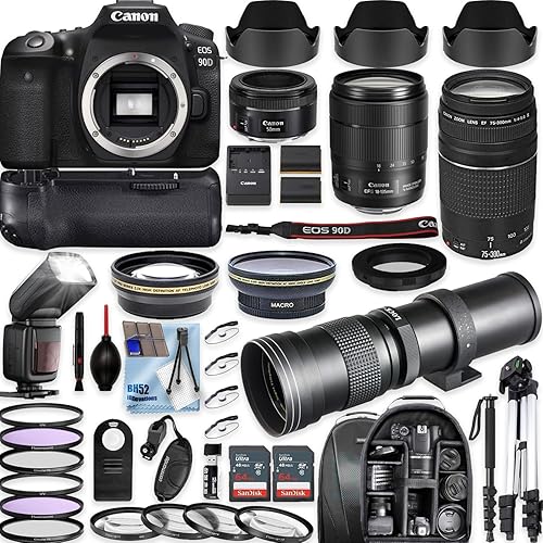 Canon EOS 90D DSLR Camera with Canon 18-135mm/ EF 50mm f/1.8 STM/EF 75-300mm f/4-5.6 III + 420-800mm f/8.3 HD Telephoto Zoom Lenses+TTL Flash+Backpack+Deluxe Accessory Bundle (Renewed), Black