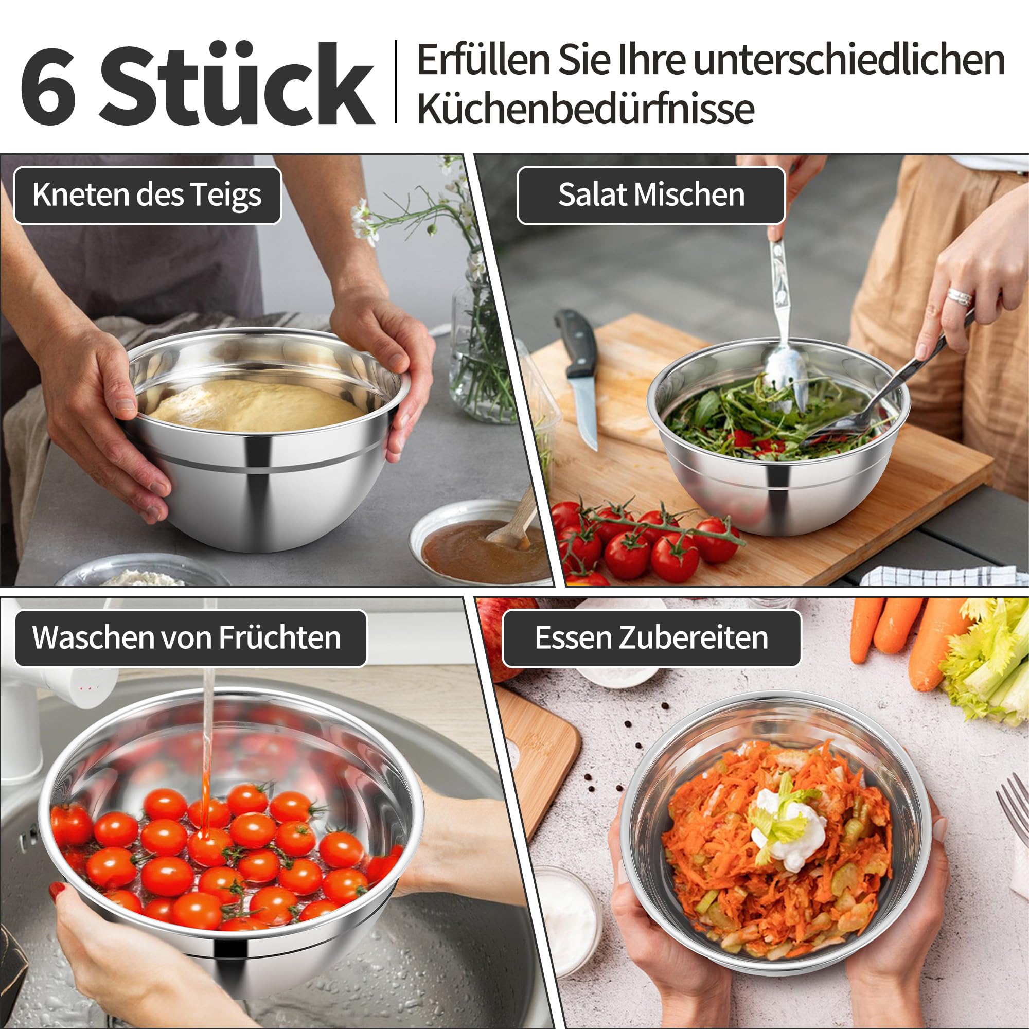 Joyfair Zestaw 6 misek do mieszania, miska ze stali nierdzewnej z przezroczystą pokrywką i 3 nakładkami do tarcia, 4,5 l/2,7 l/ 1,5 l/1,2 l/0,7 l, miska do sałaty do gotowania, pieczenia, możliwość