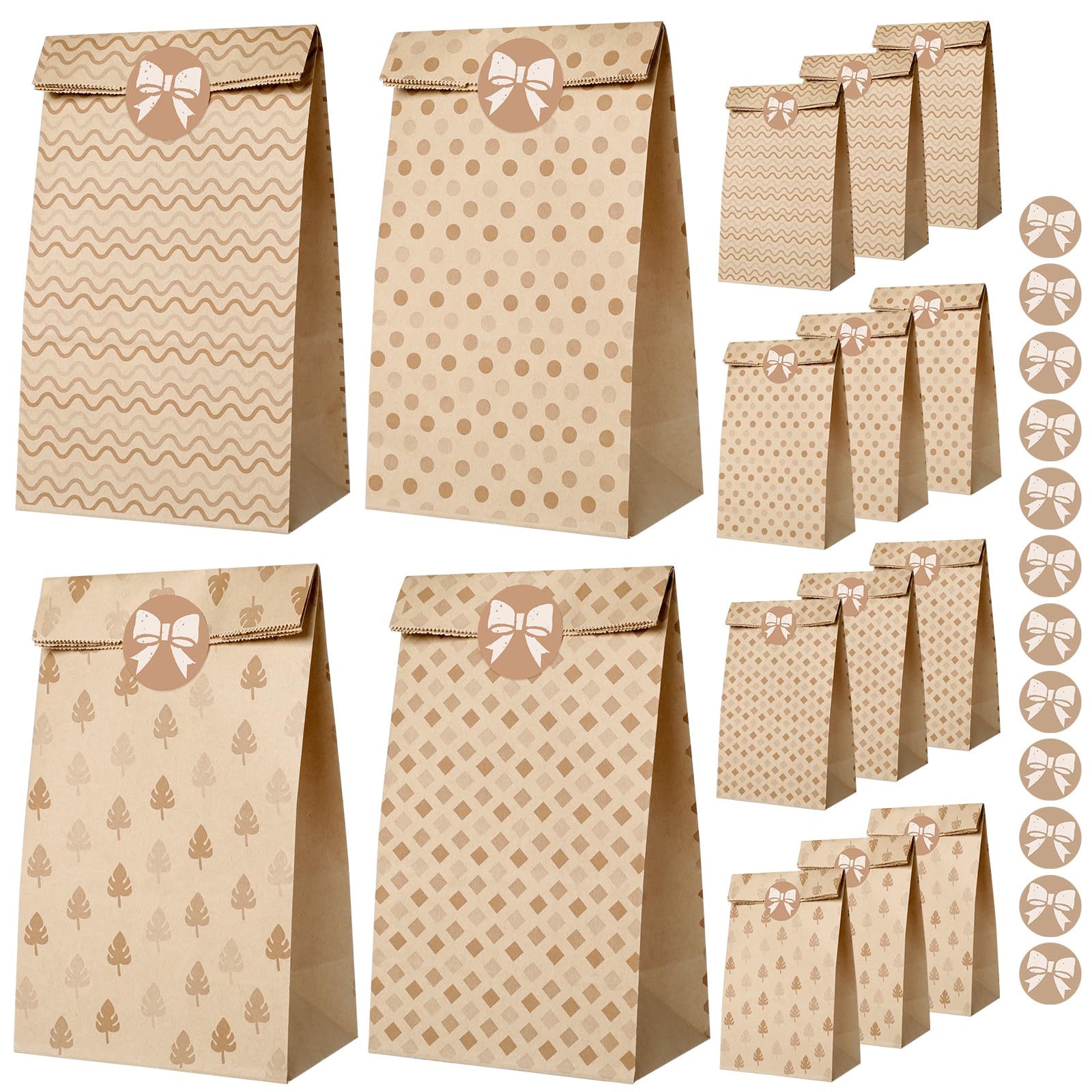 AiQInu Gift Bags, Kraft Paper Bags, 12 Pieces with 12 Stickers for Christmas Presents, Gift Bags, Candy Bags for Birthdays, Weddings, Parties, Halloween