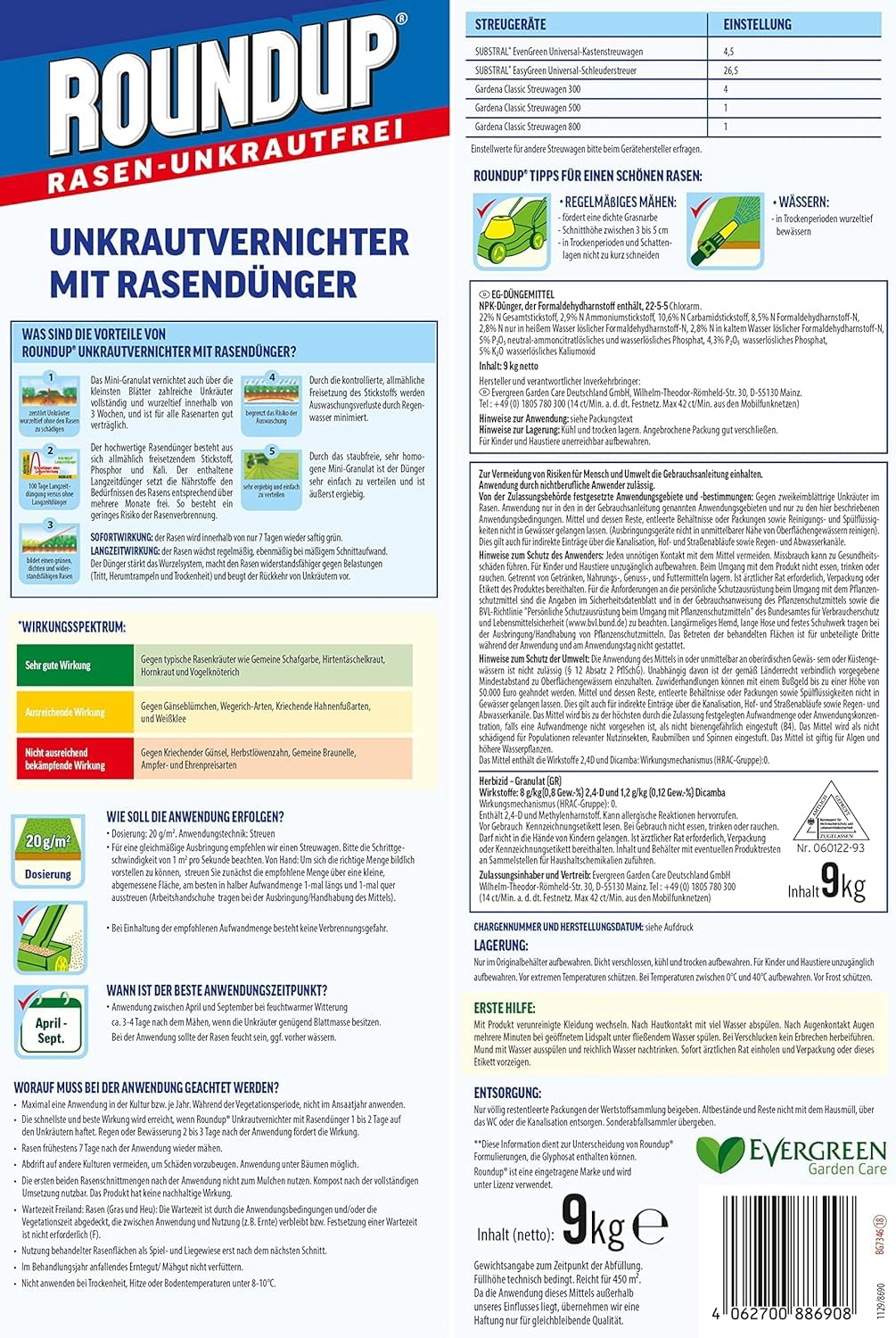 Roundup Rasen Unkrautfrei Rasendünger 9kg 450 m² 2in1 100 Tage Granulat