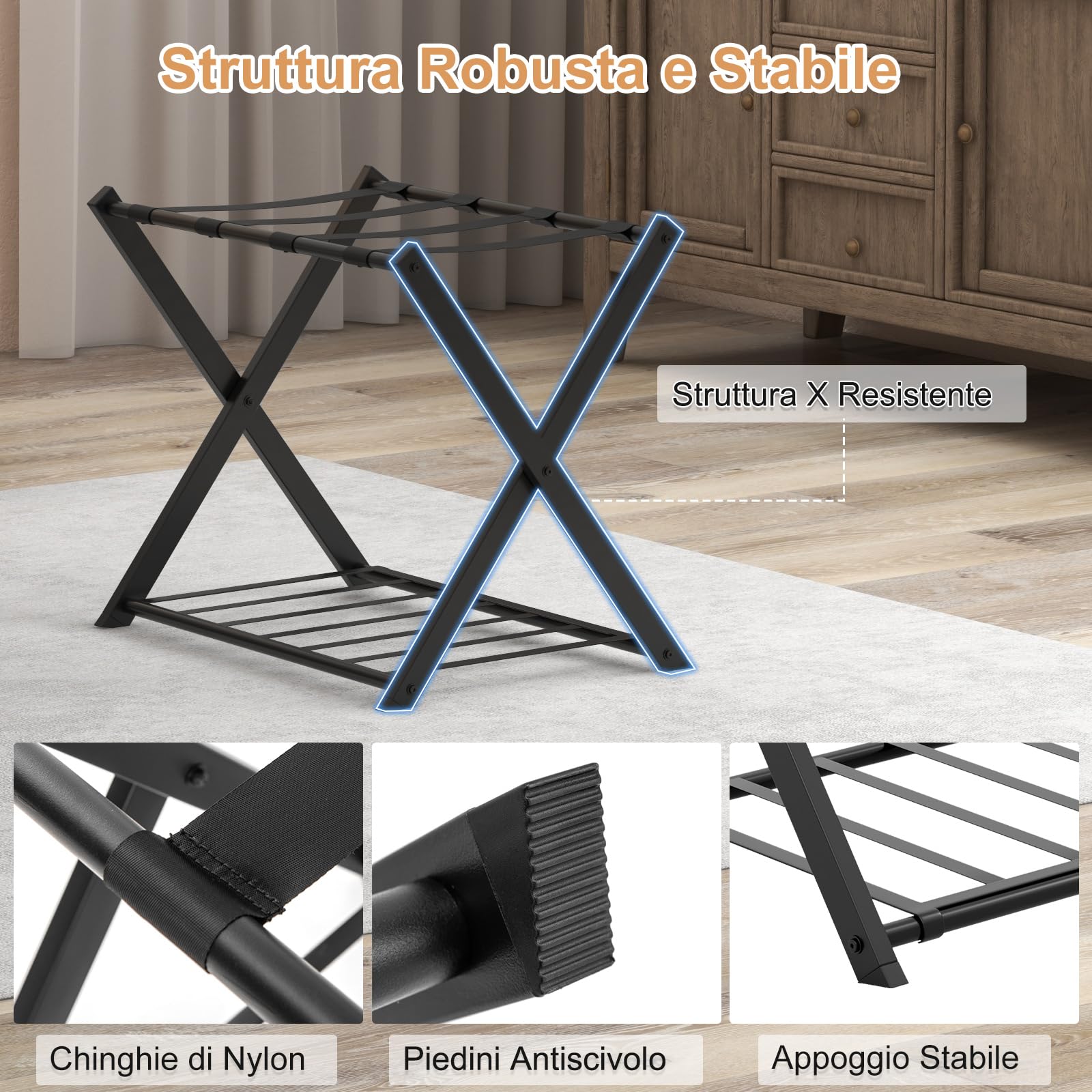 SOARS Portavaligie Pieghevole in Metallo 2 Pezzi 68x45x57 cm Cavalletto Reggivaligie Multiuso con 2 Ripiani Portata 80 kg Nero