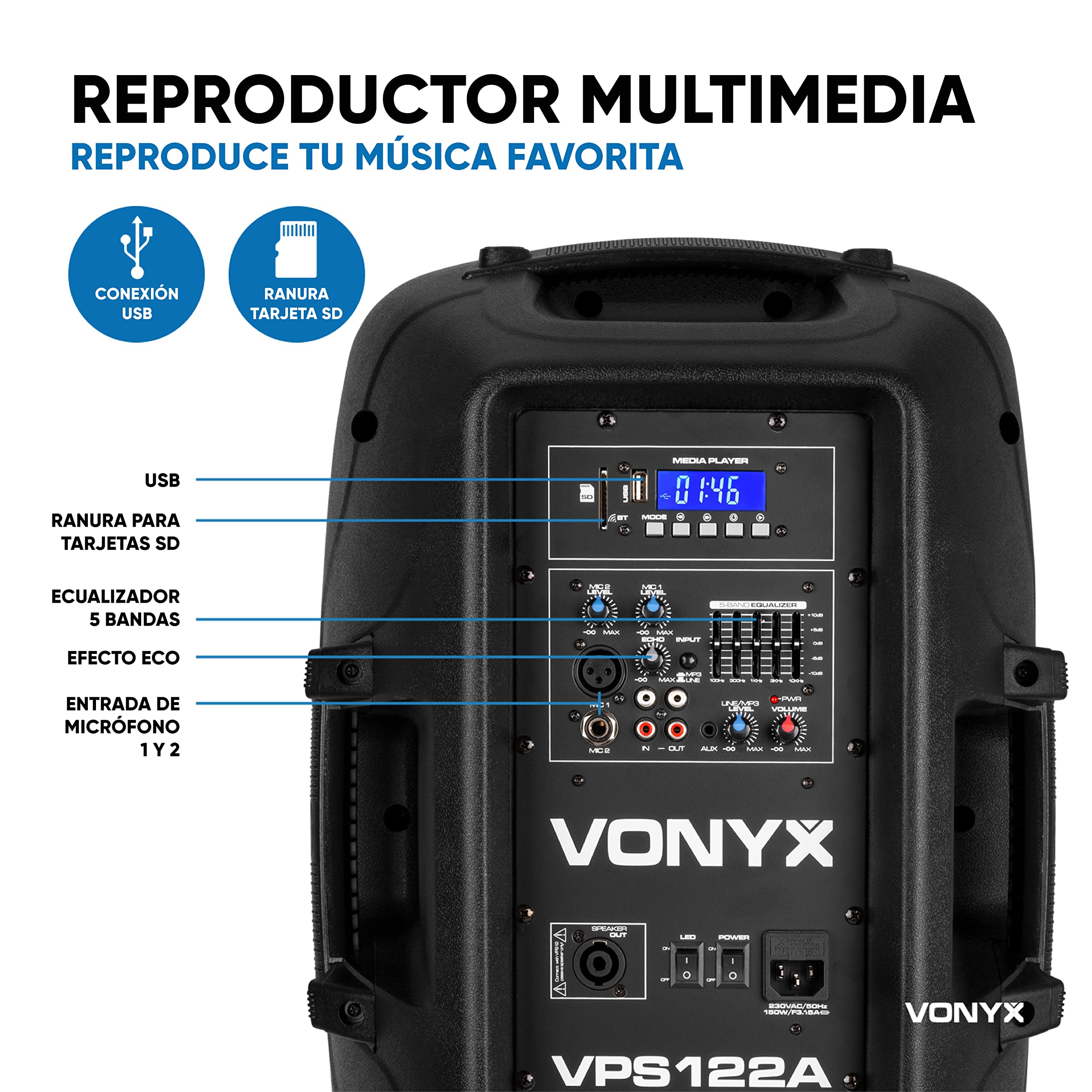 Vonyx VPS122A – Altavoz portatil Bluetooth Potente de 800W con 2 Altavoces 12", USB, Anillo LED en el Altavoz, trípodes y micrófono, Equipo de Sonido Profesional para DJ y Karaoke, Color Negro