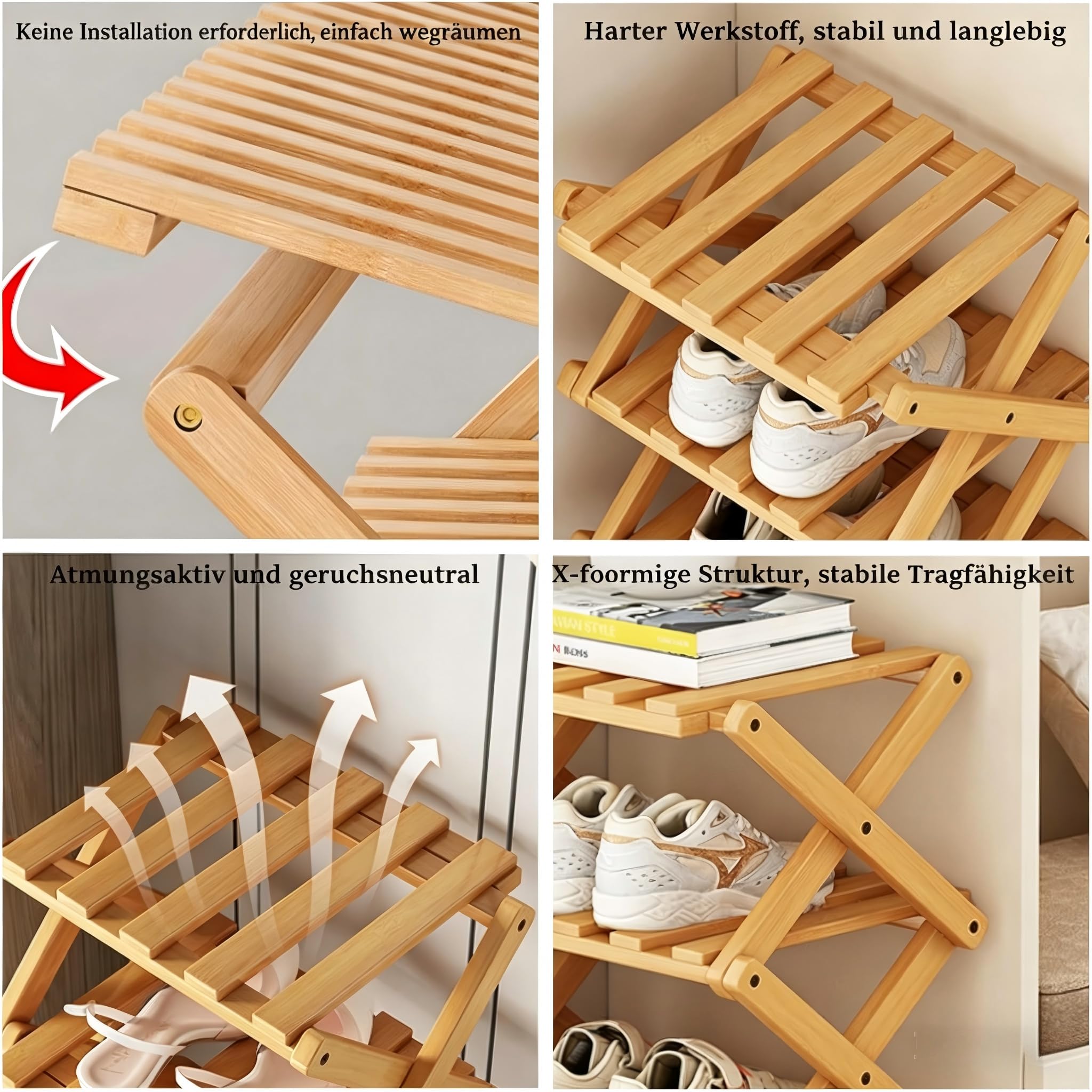 Schuhregal Platzsparend, Faltbares Schuhregal, 4 Ebenen, tragbar, ohne Installation, Schuhorganizer für Korridore, Wohnzimmer, Ecke und kleine Räume, Holzfarbe
