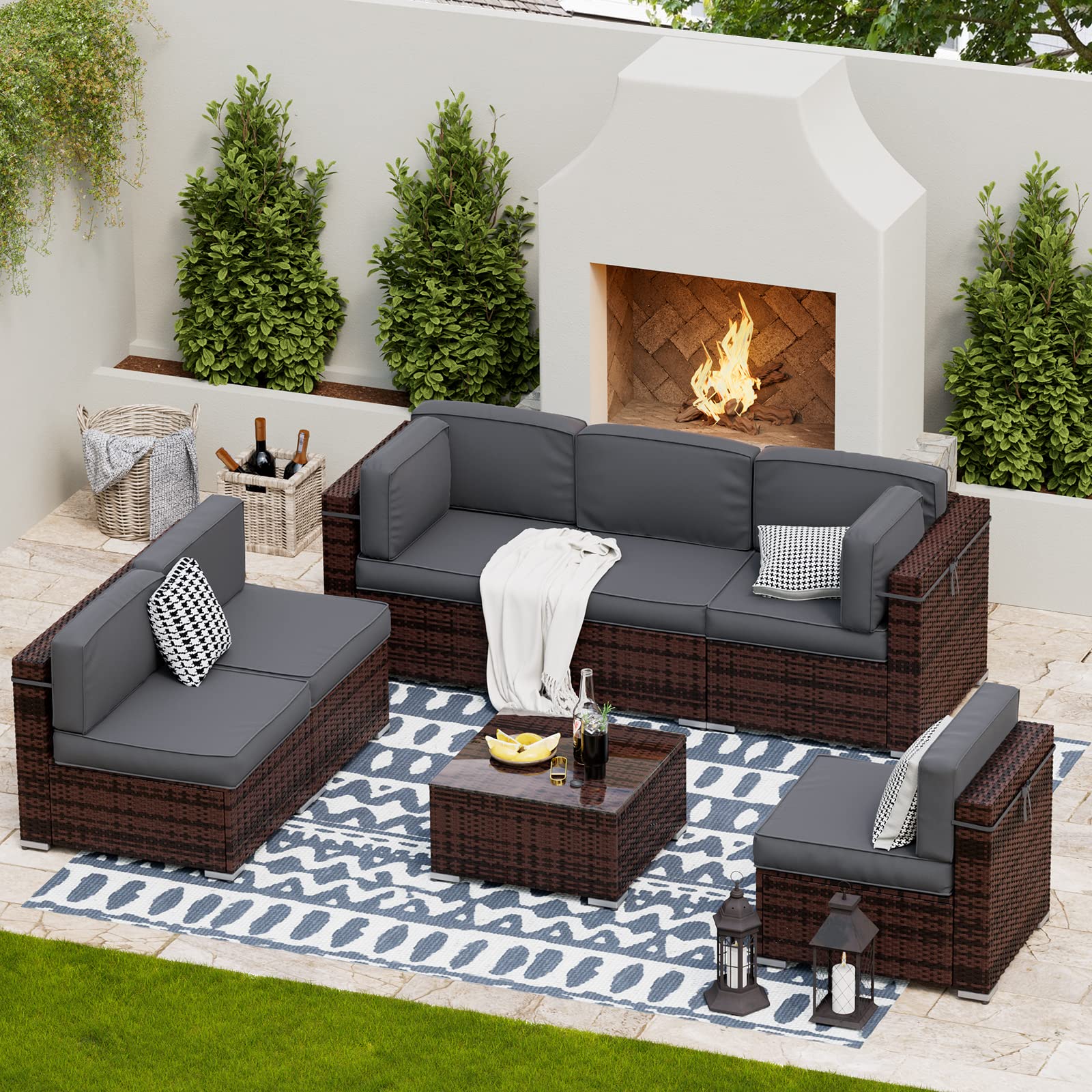UDPATIO Patio Furniture Sets, Modular Rattan Outdoor Patio Sectional Furniture Sofa Set, Wicker Patio Conversation Set for Backyard, Deck, Poolside w/Glass Coffee Table, 7PC Grey (Include Sofa Cover)