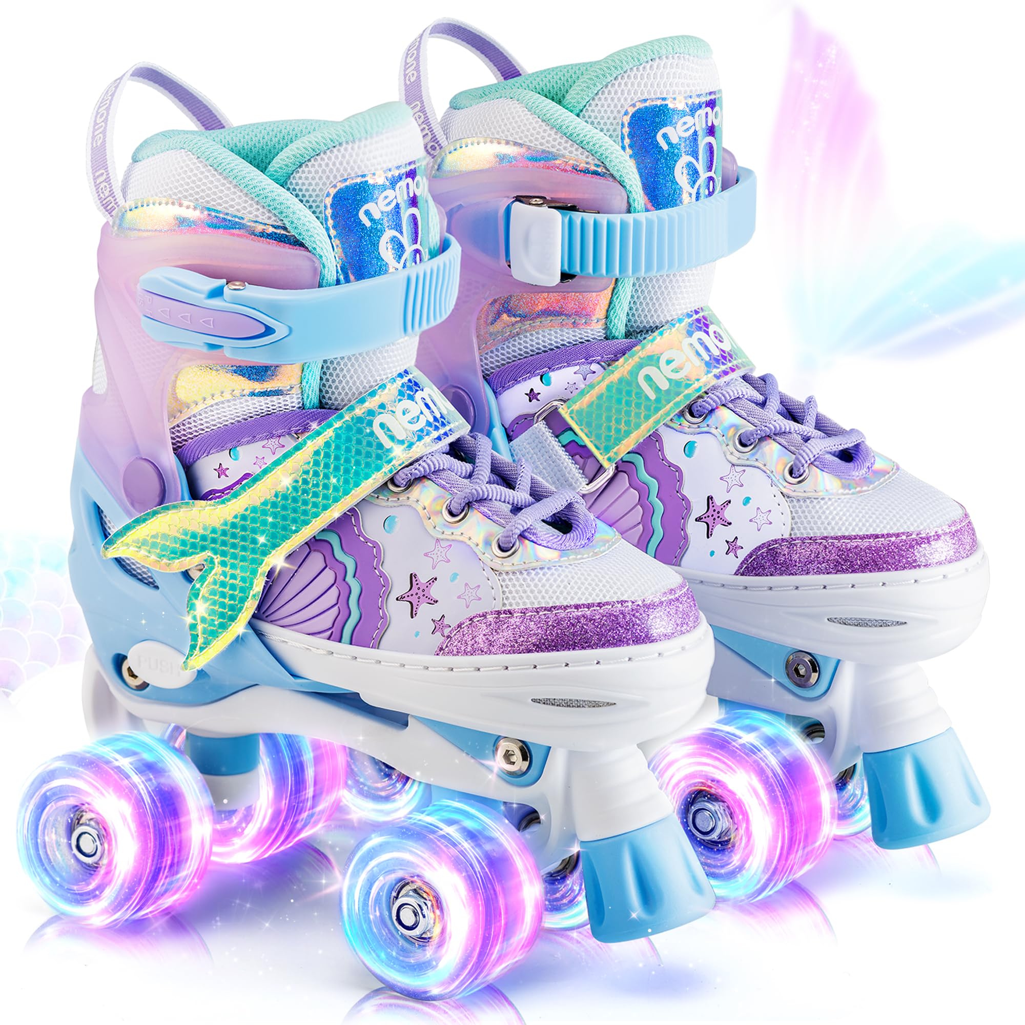 NEMONE Rollschuhe für Mädchen Kinder 4 Größen Verstellbar Blau Violett Rollschuhe für Kinder Drinnen Draußen Mädchen Kinder