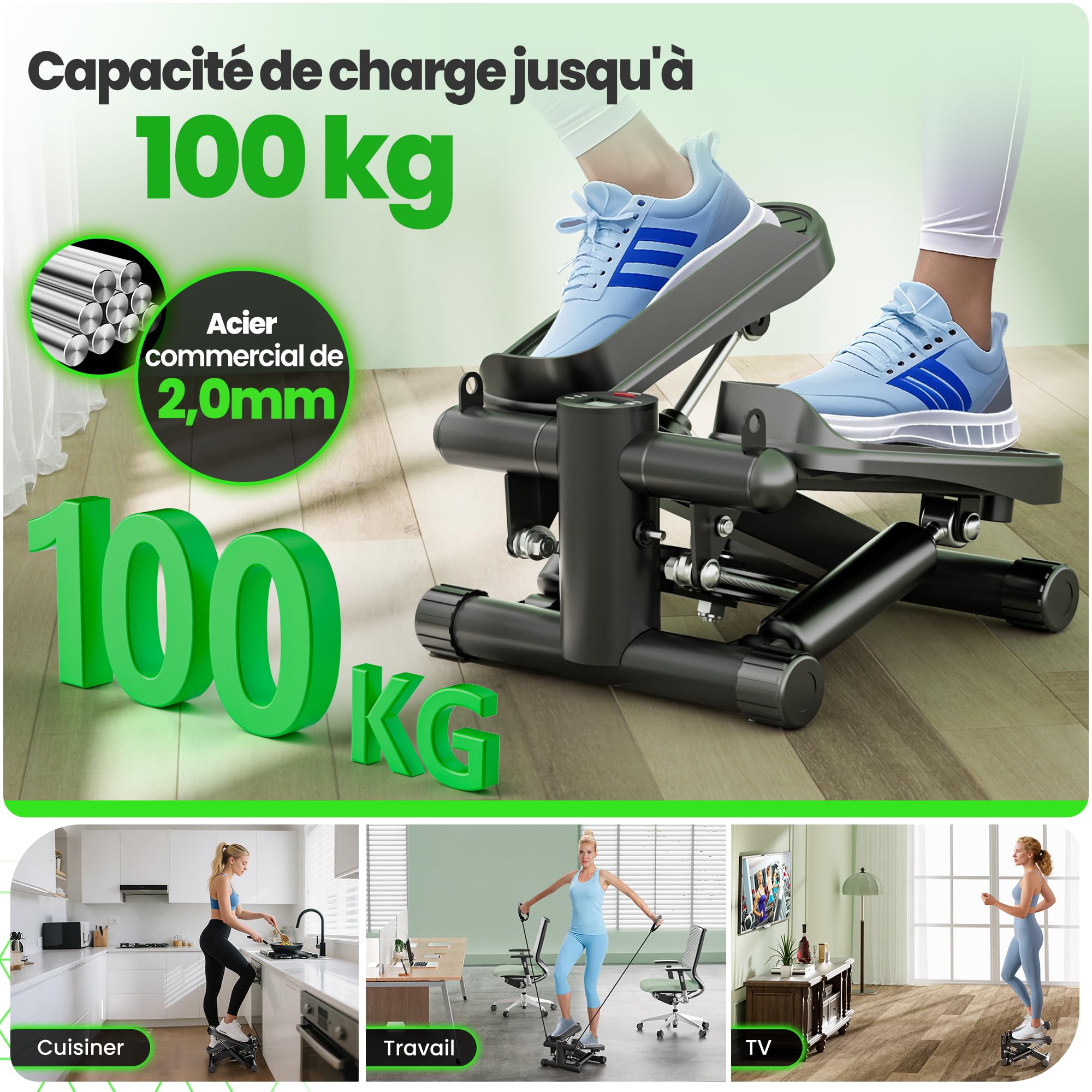 Ultrasport Mini Stepper Fitness Appartement avec Écran LCD Multifonction et Cordes de Puissance I Home Step Steppers Escalier Sport pour l'Entraînement des Jambes, des Bras, des Fesses