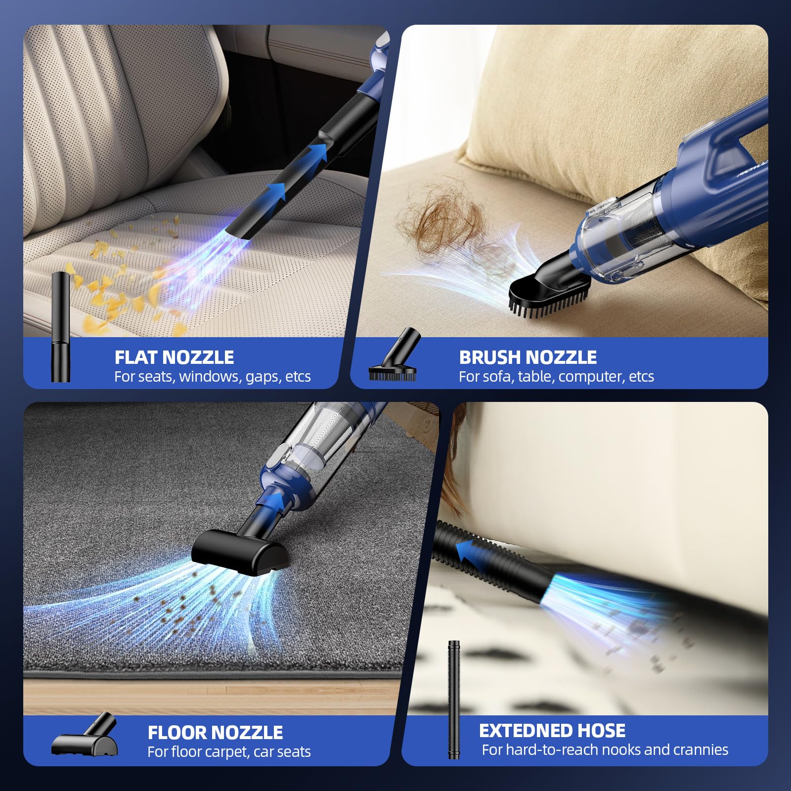 MONOZEL Car Vacuum Cleaner High Power, 18000Pa 2 in 1 Vacuum Cleaner&Air Duster, 130W Brushless Motor Handheld Vacuum Cordless with 7800mAh Battery, LED Light, Multi-Nozzles for Car, Home, Office, Pet view 4
