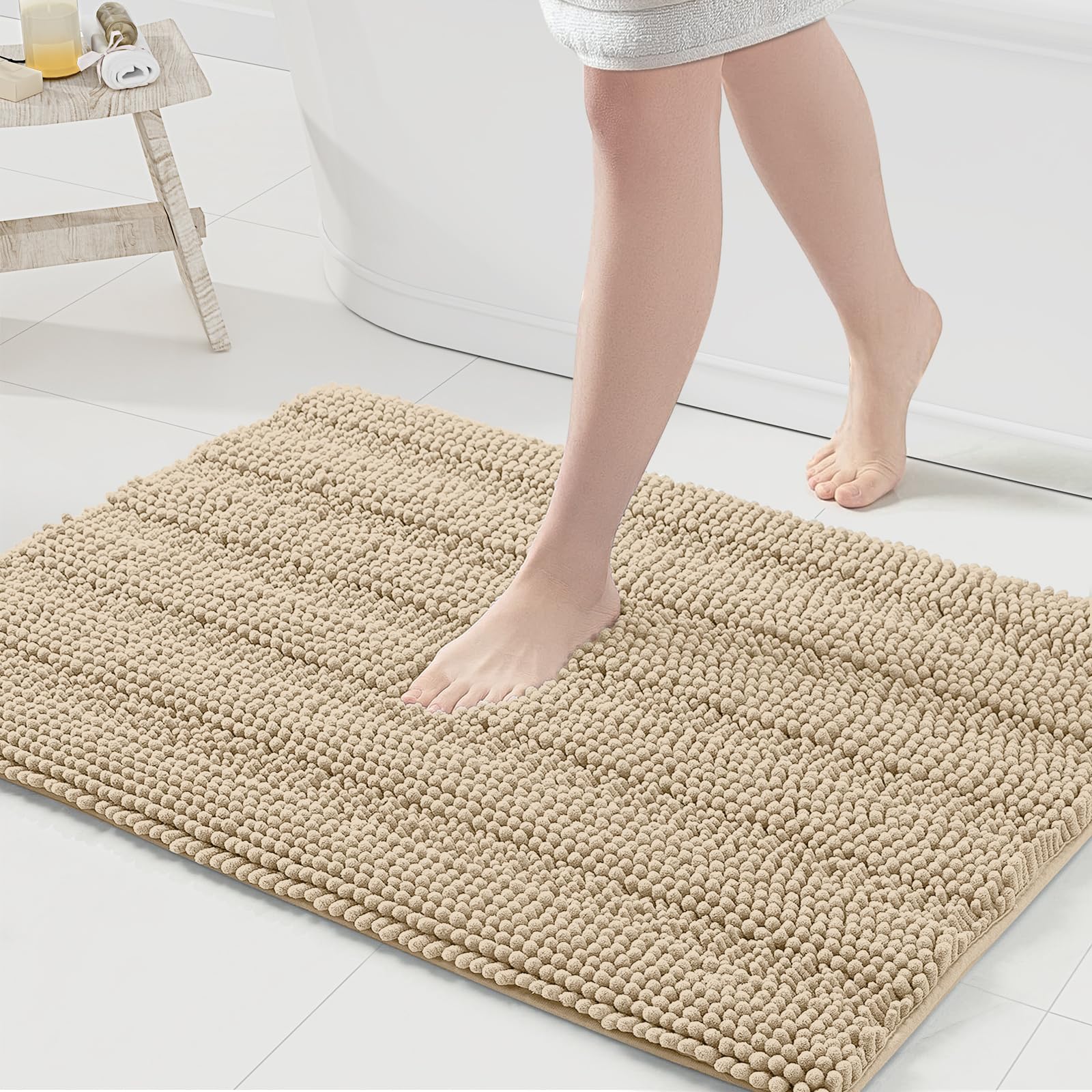 Grandaily Chenille Bathroom Rugs 36x24, Soft Absorbent Bath Mats, Beige