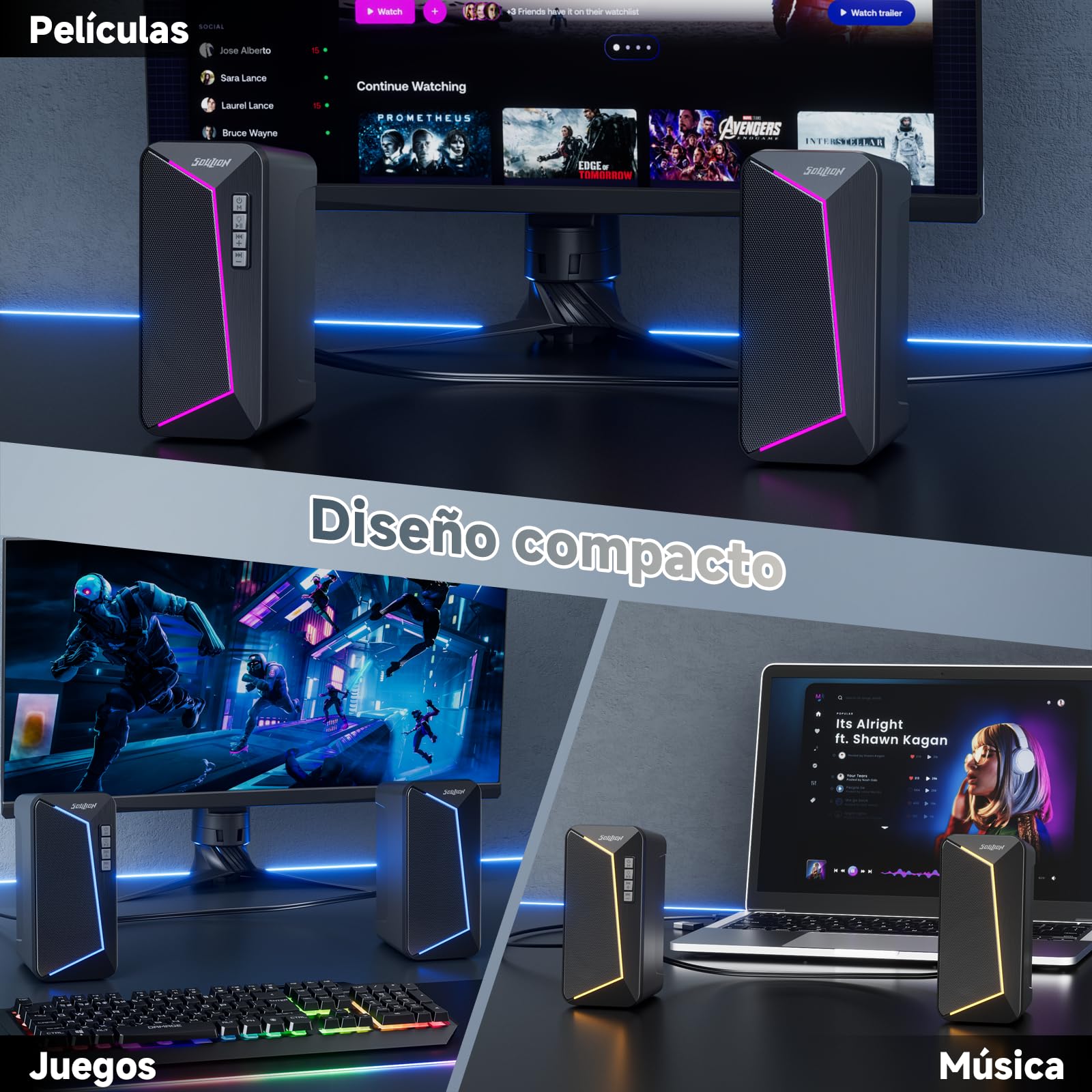 SOULION Altavoces para PC, alimentación USB-C/USB, iluminación LED, 1 par | con control de volumen, altavoces de escritorio con modo USB/Bluetooth para teléfonos, Tablet y monitores, Negro