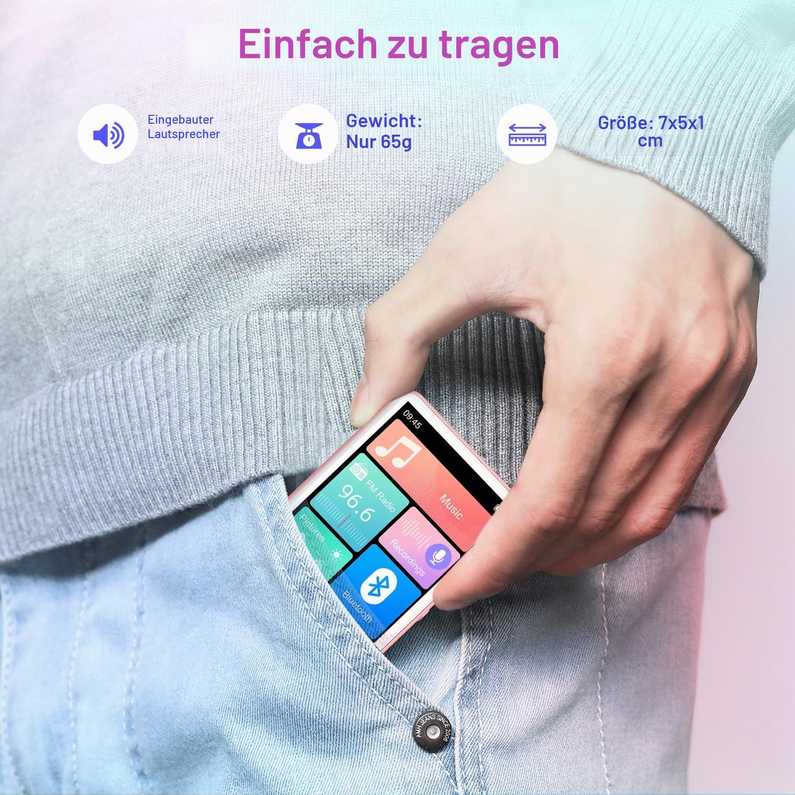 128GB MP3-Player Bluetooth 5.4, Oilsky 2,4 Zoll Full Touchscreen MP3, Tragbarer Musik Player mit Lautsprecher und FM Radio, Kinder MP3 Player, Sports Mp3 Player (Rosa)