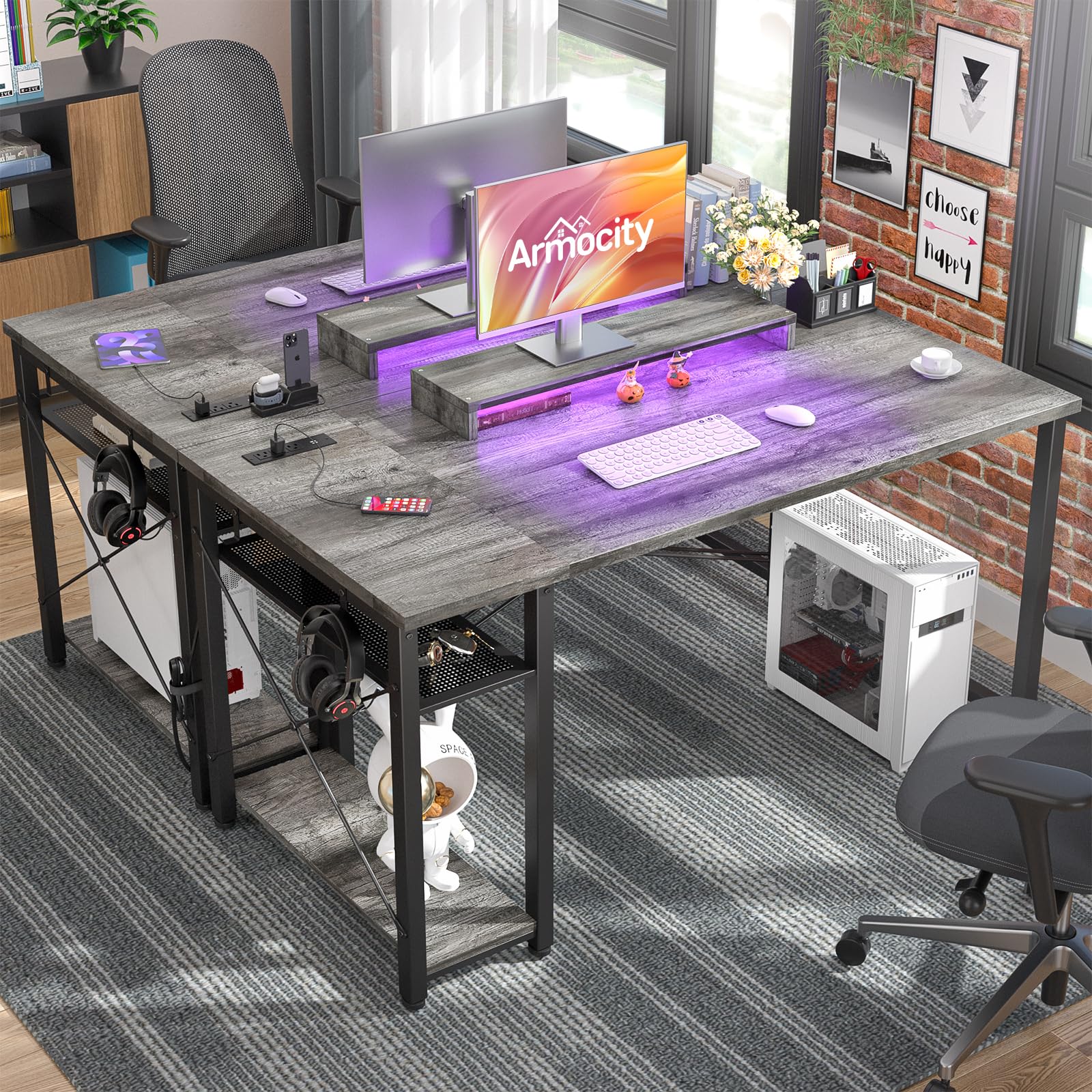 armocity Computer Desk with LED Lights, Gaming Desk with Power Outlet
