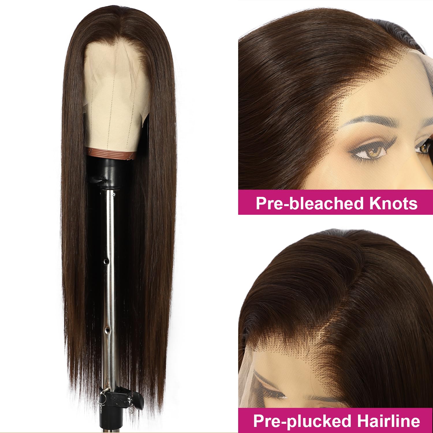 Sapphirewigs Dunkelbraune Farbe #4 Kanekalon Futura-Haar, kein Verknoten, natürlicher Haaransatz, 15,2 x 33 cm, tief, große Spitze, für tägliches Make-up, Damen, Hochzeit, Kunsthaar
