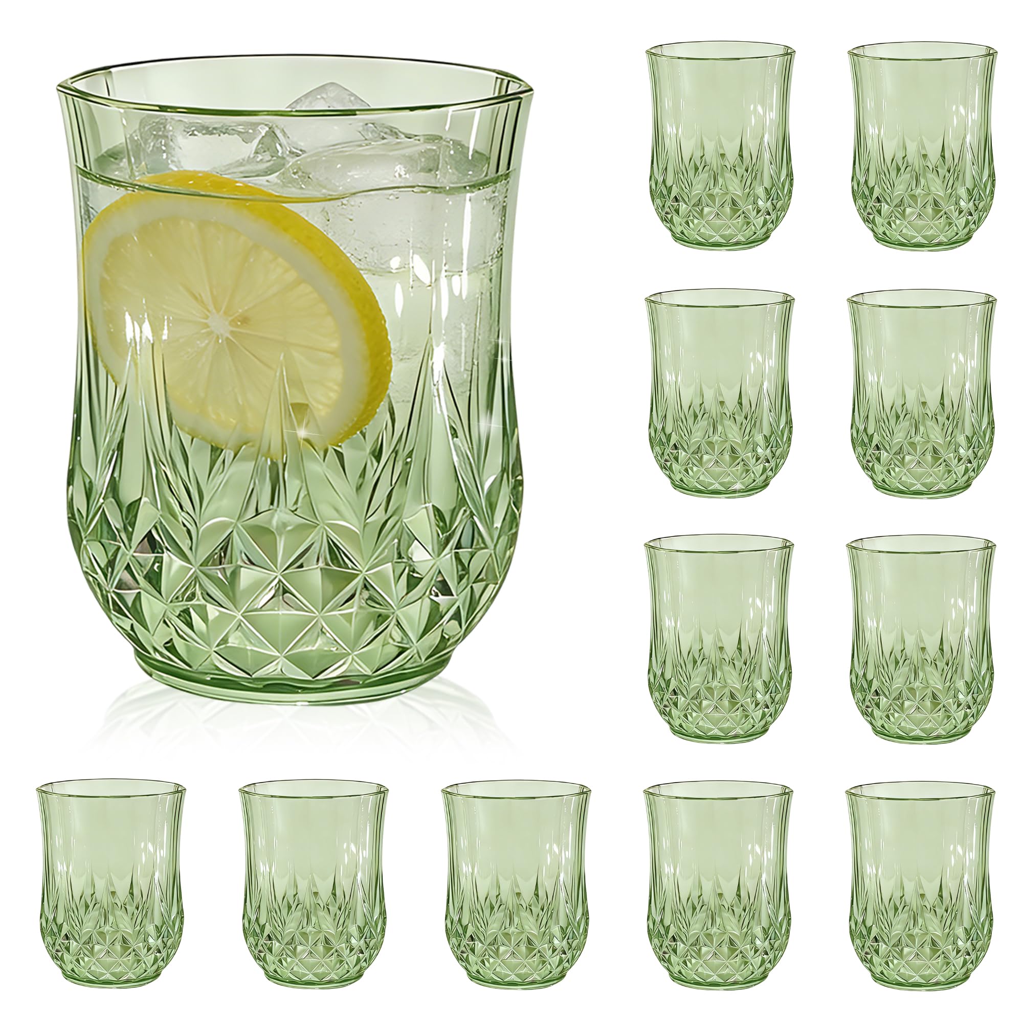XYUNE 12 Pack Plastic Stemless Wine Glasses, Green 350ml Drinking Cups
