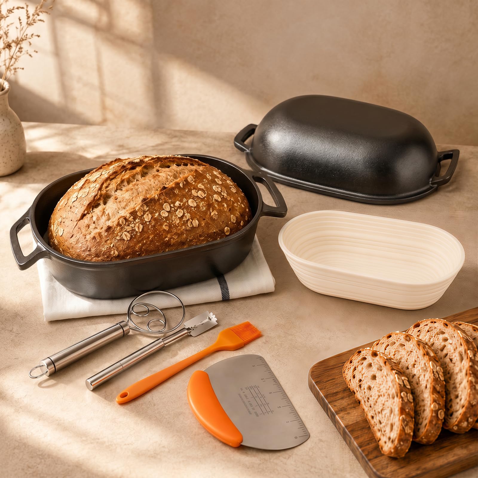 QuliMetal 40,5 × 25,4 cm Brotbackform mit Sauerteig-Brotback-Set, ovaler Sauerteig-Brottopf mit Deckel, vorgebrannt, 9,0L, Strapazierfähig, Hausgemachte Brotherstellung, Antihaftbeschichtet