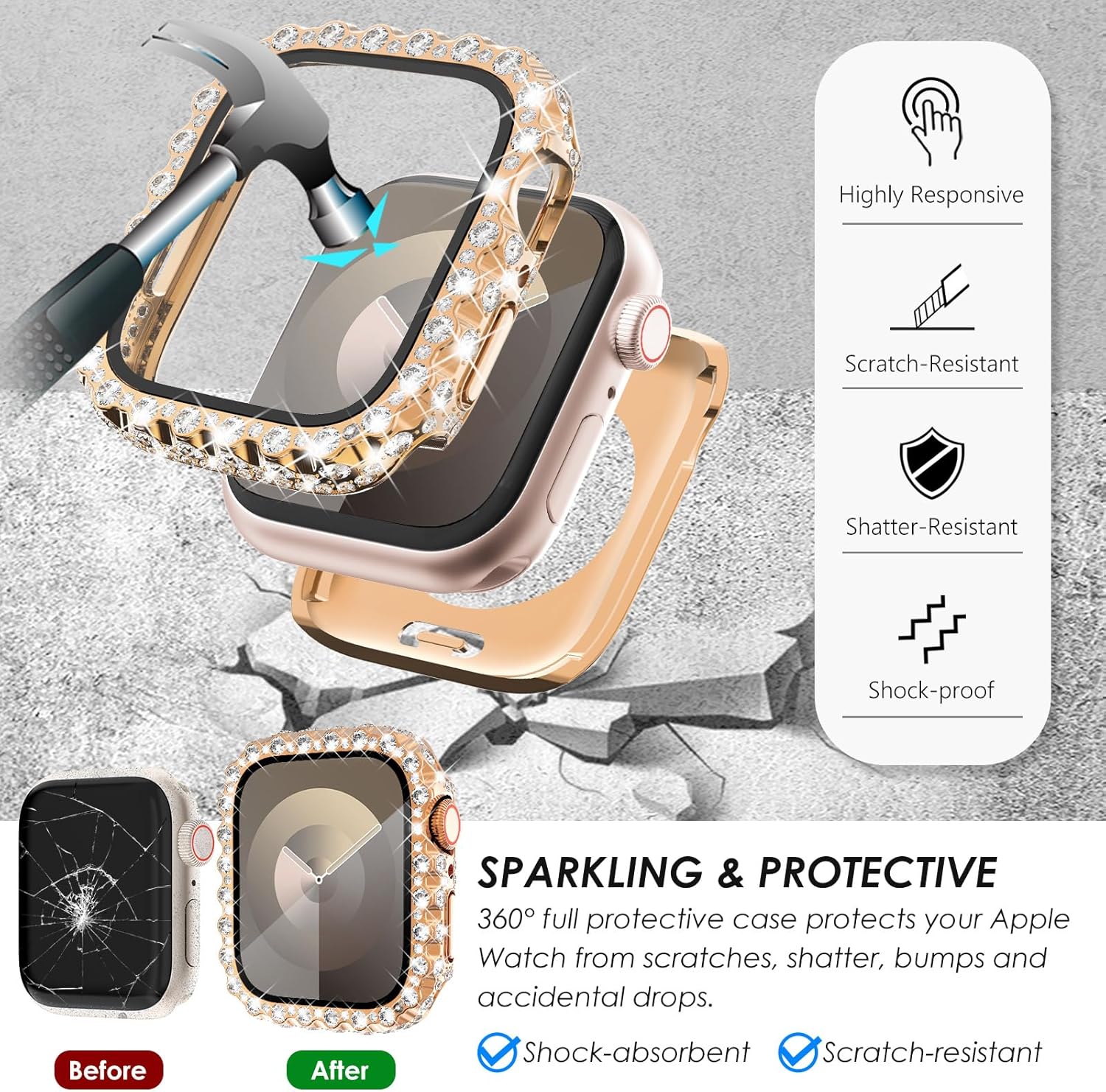Surace 2 in 1 Waterproof Bling Case Compatible for Apple Watch Series 6 5 4 SE 44mm Screen Protector, Lace Edge Diamond Protective Bumper Face Cover for iWatch Accessories Women, 44mm, Rose Gold - Image 4