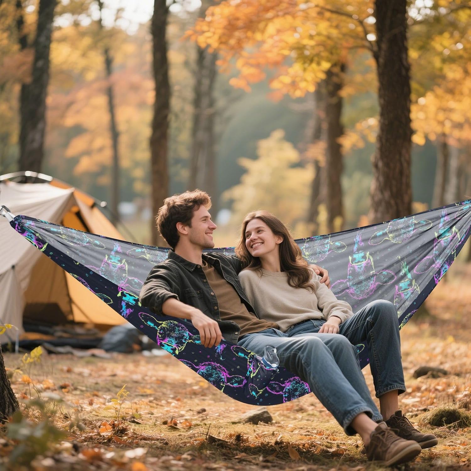 ALAZA Neon Cow Portrait Print Camping Hammocks Single or 2 Person 500 lbs Portable Parachute Travel Hammock w/Tree Straps for Hiking Backpacking Indoor Outdoor