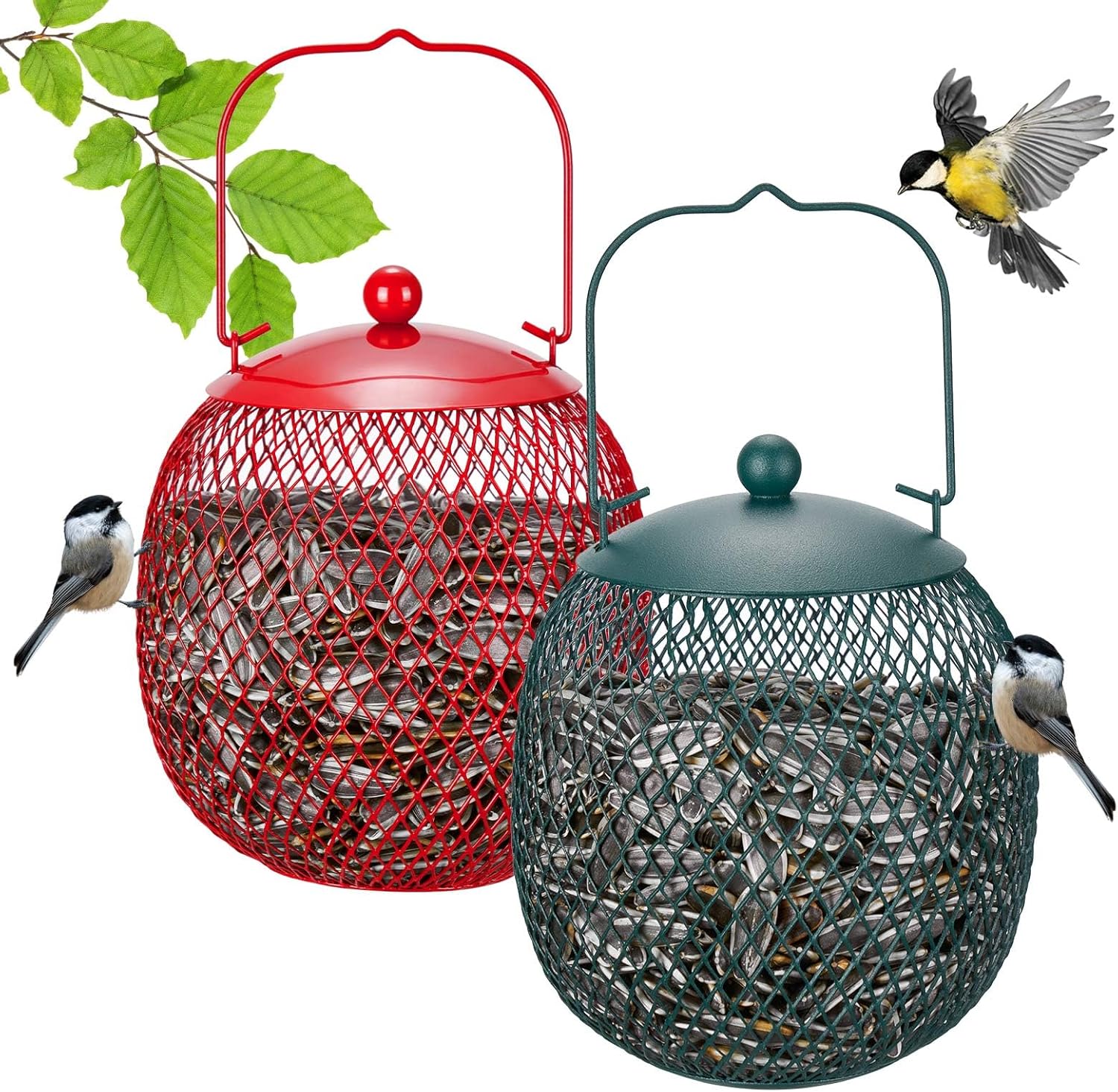 Veehoo Set of 2 Bird Feeder for Outdoors Hanging, Ball Metal Birdfeeder for Outside, Wild Finch Cardinal Chickadee Feeders for Peanut Black Oil Sunflower Seed, Red and Green